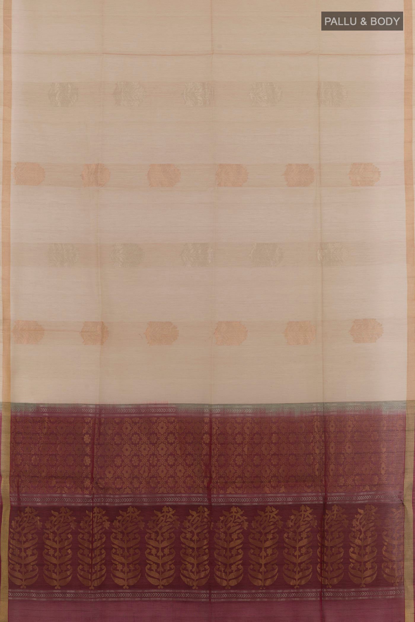 Flat view of Beige Blended Kora Cotton Saree with Zari Butta on the body and Zari Border. 