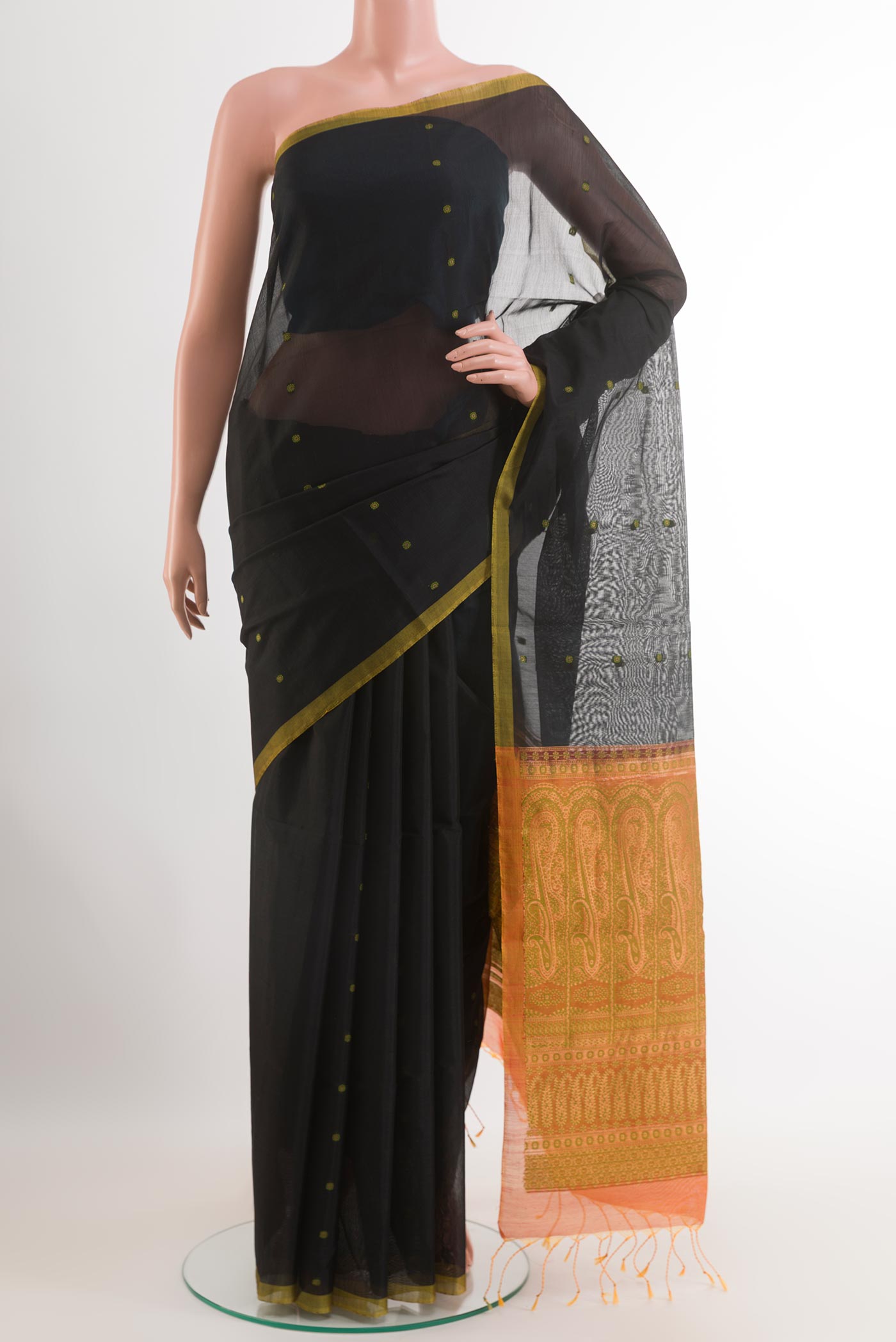 Black Blended Kora Cotton Saree with Thread Butta on the body and Zari Border.  displayed on a mannequin