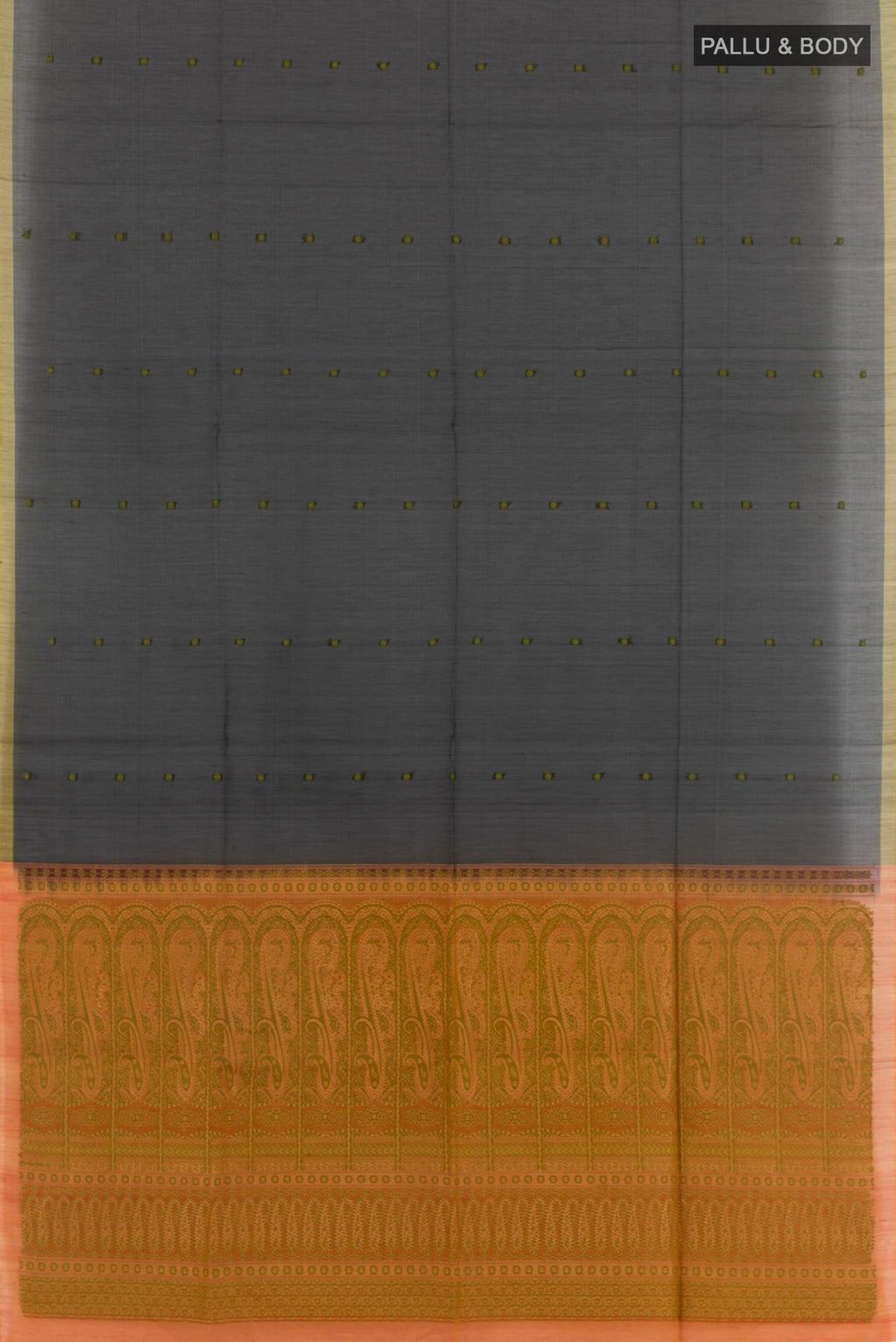 Flat view of Black Blended Kora Cotton Saree with Thread Butta on the body and Zari Border. 