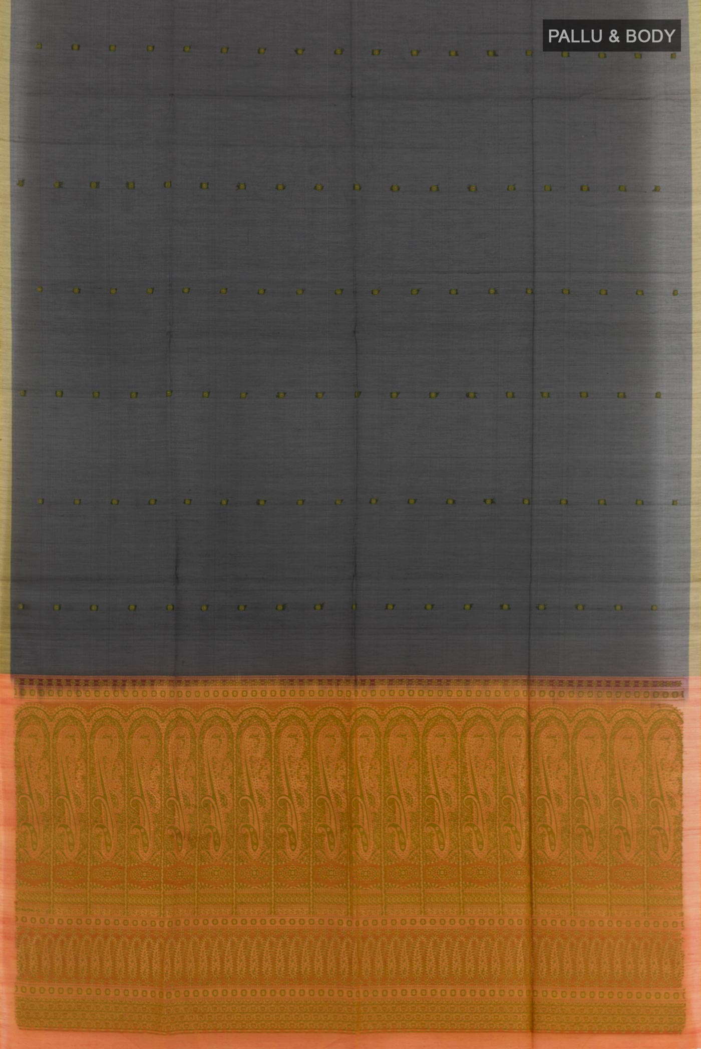 Flat view of Black Blended Kora Cotton Saree with Thread Butta on the body and Zari Border. 