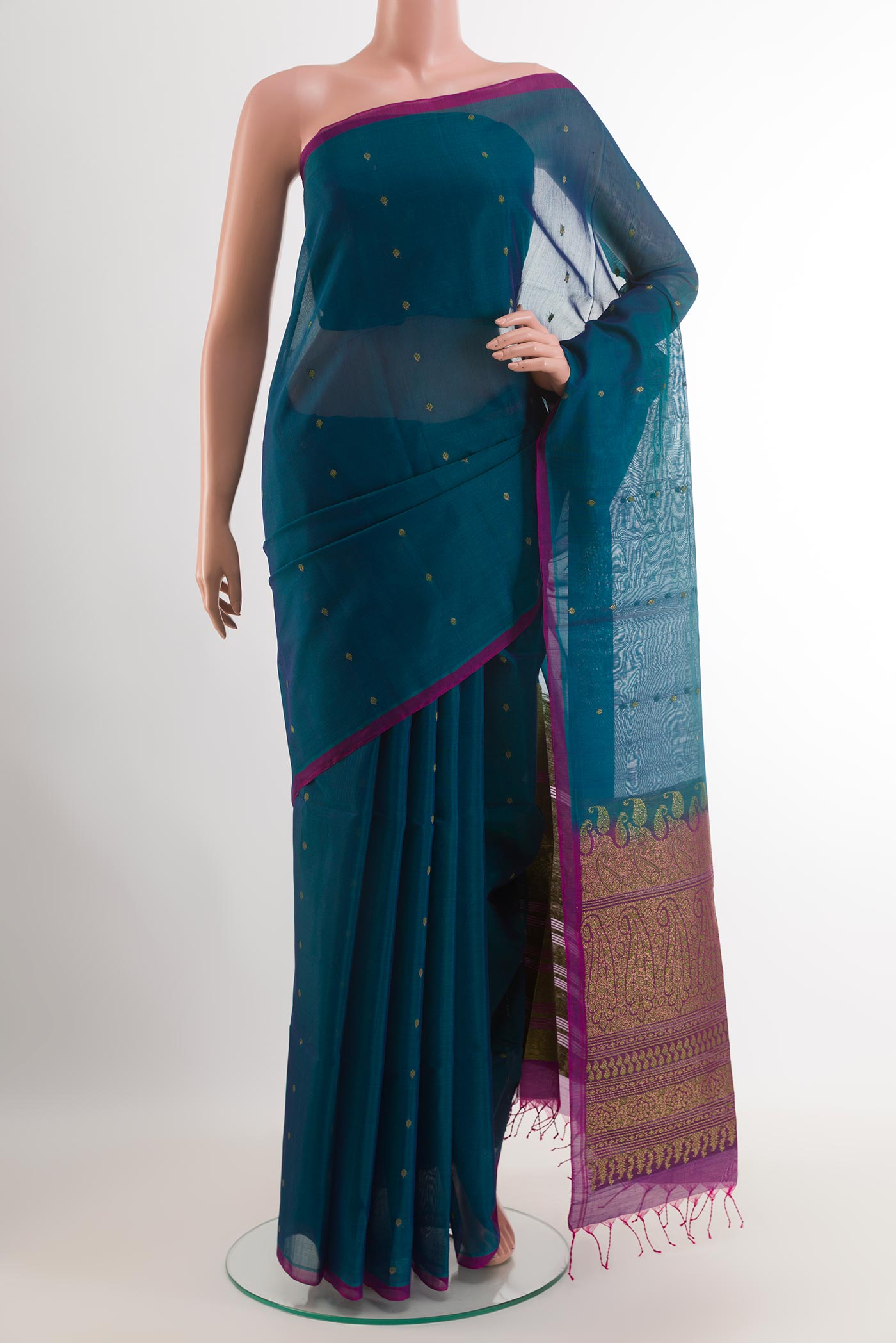 Blue Blended Kora Cotton Saree with Zari Butta on the body and Zari Border.  displayed on a mannequin