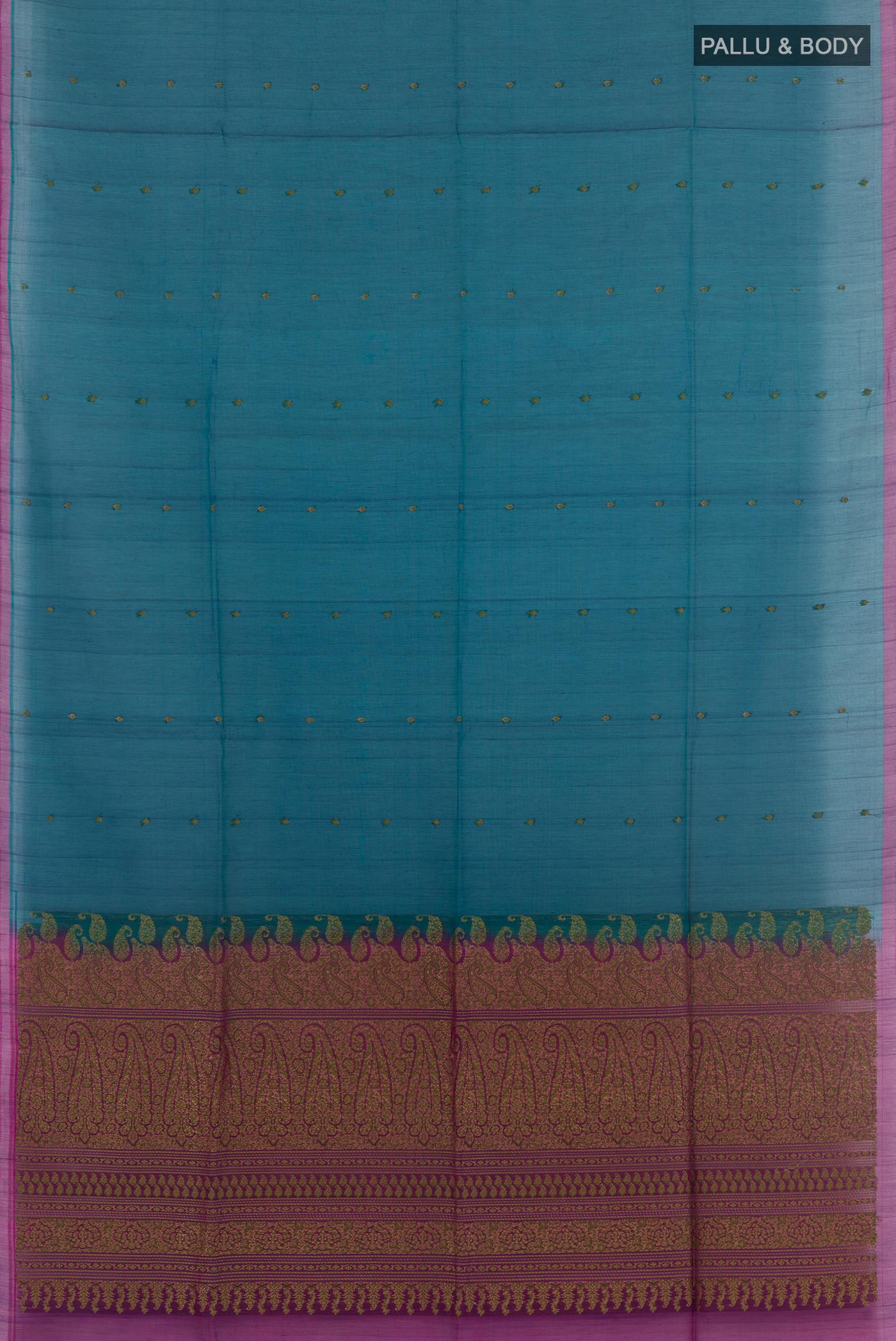 Flat view of Blue Blended Kora Cotton Saree with Zari Butta on the body and Zari Border. 