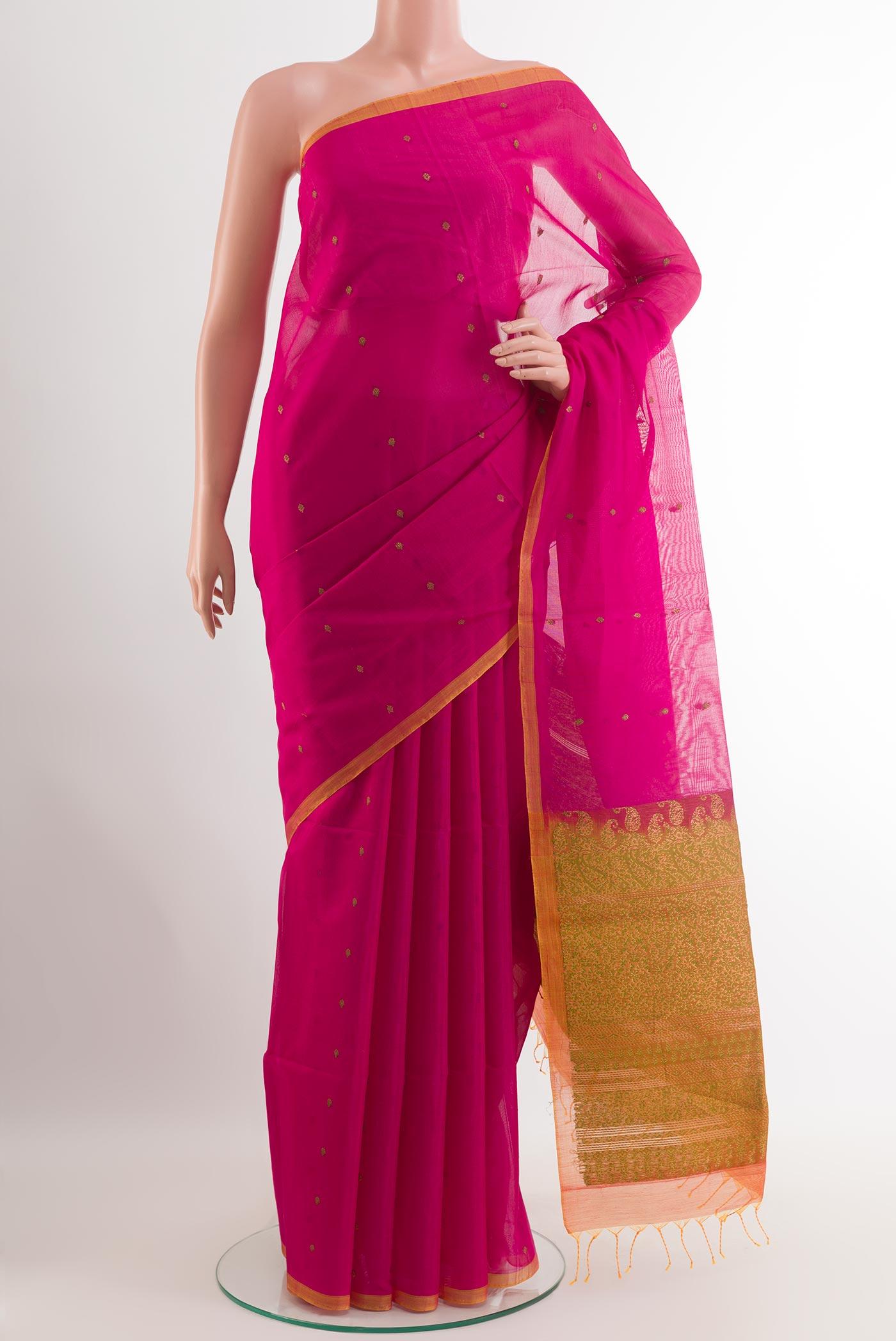 Pink Blended Kora Cotton Saree with Zari Butta on the body and Zari Border.  displayed on a mannequin