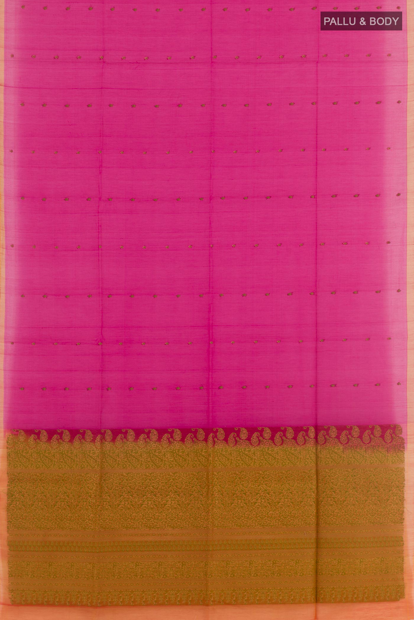 Flat view of Pink Blended Kora Cotton Saree with Zari Butta on the body and Zari Border. 