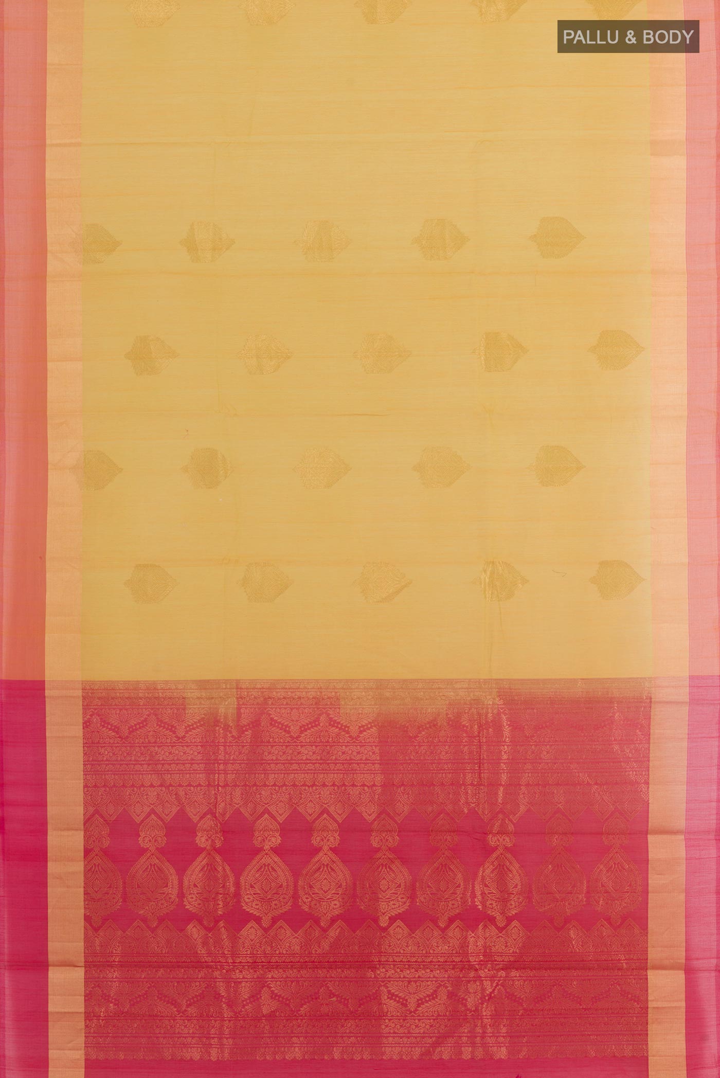 Flat view of Lemon Yellow Blended Kora Cotton Saree with Zari Butta on the body and Zari Border. 