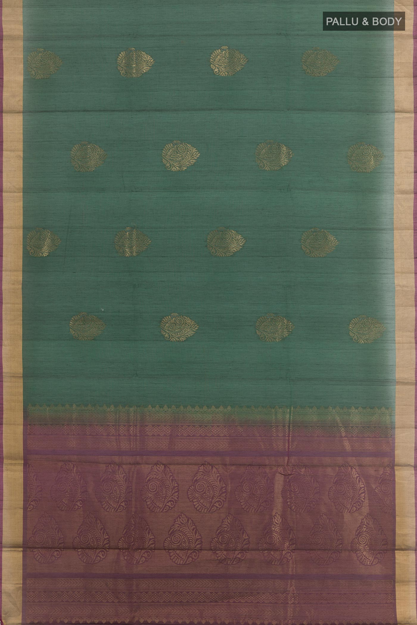 Flat view of Green Blended Kora Cotton Saree with Zari Butta on the body and Zari Border. 