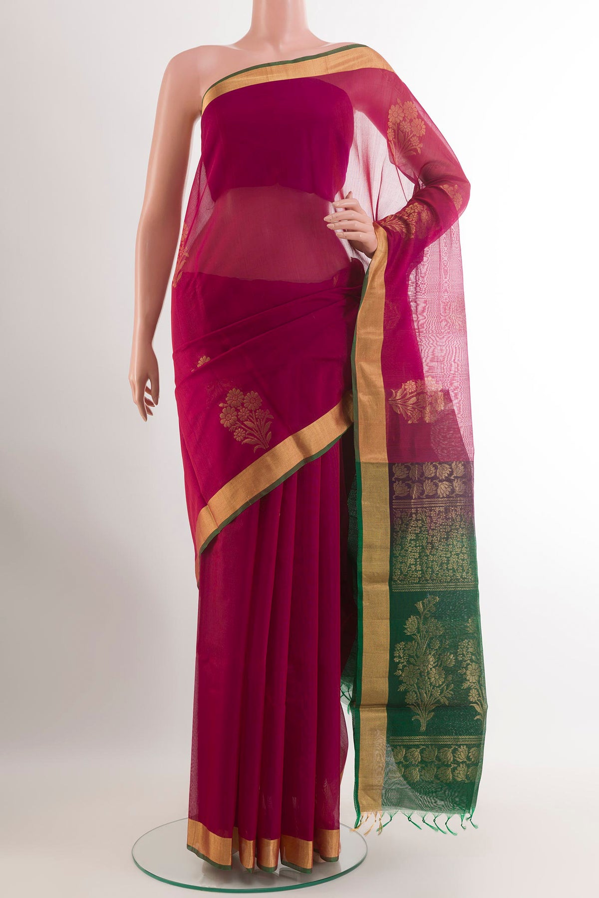 Purple Blended Kora Cotton Saree with Zari Butta on the body and Zari Border.  displayed on a mannequin