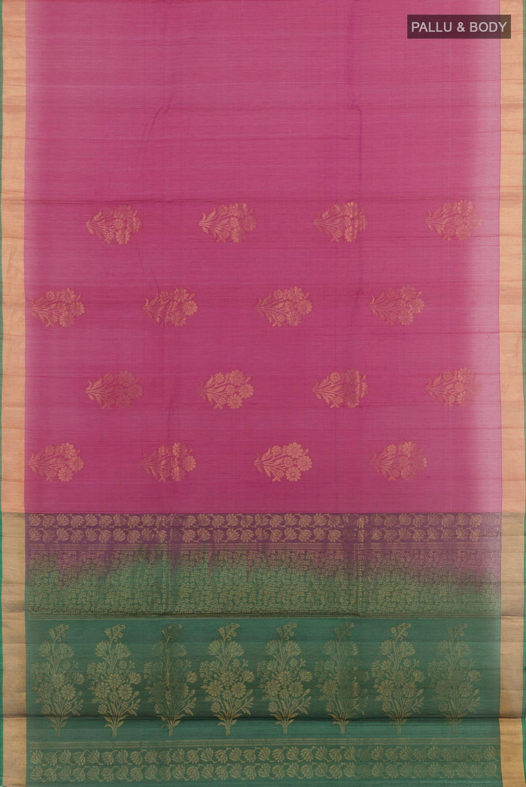 Flat view of Purple Blended Kora Cotton Saree with Zari Butta on the body and Zari Border. 