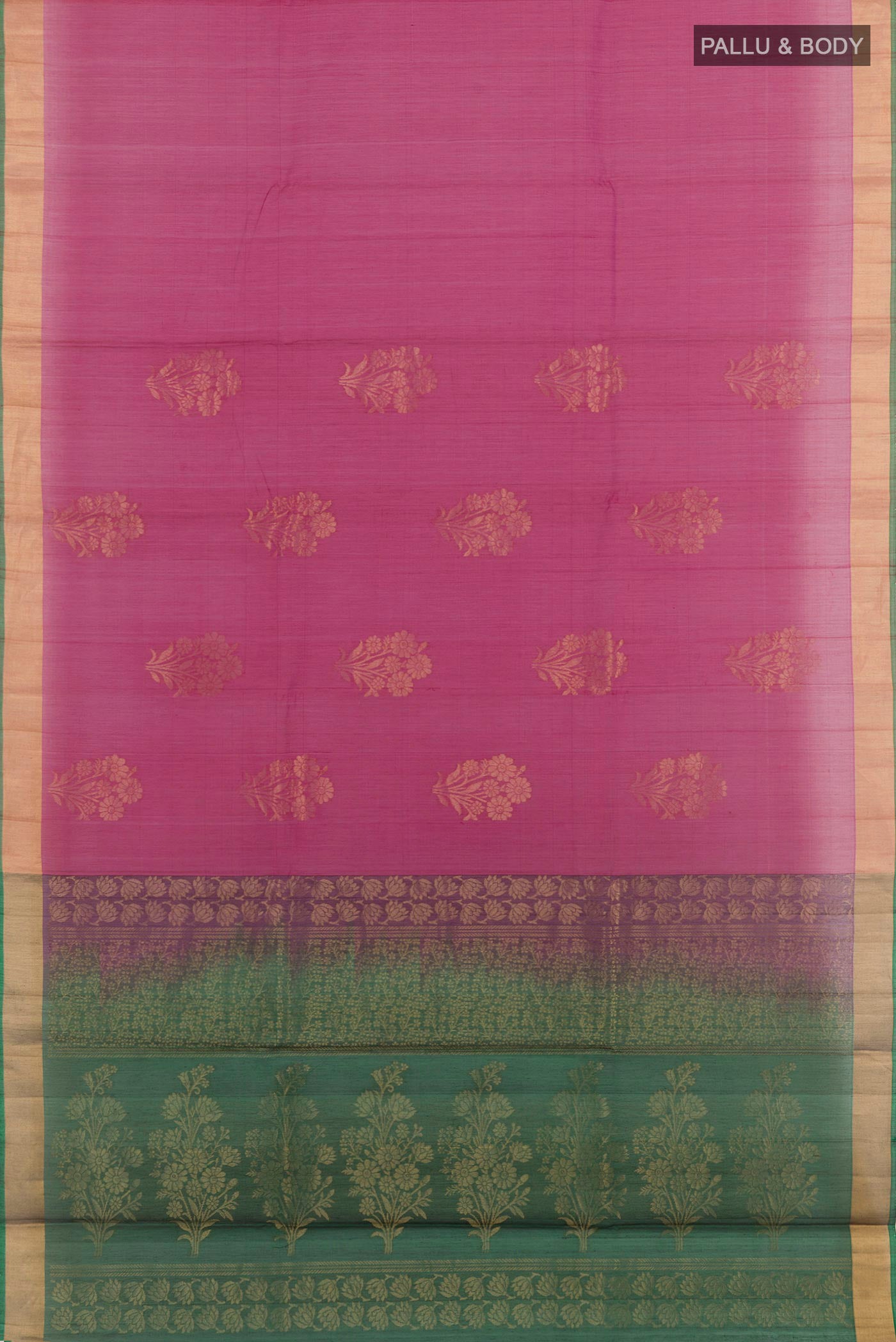 Flat view of Purple Blended Kora Cotton Saree with Zari Butta on the body and Zari Border. 