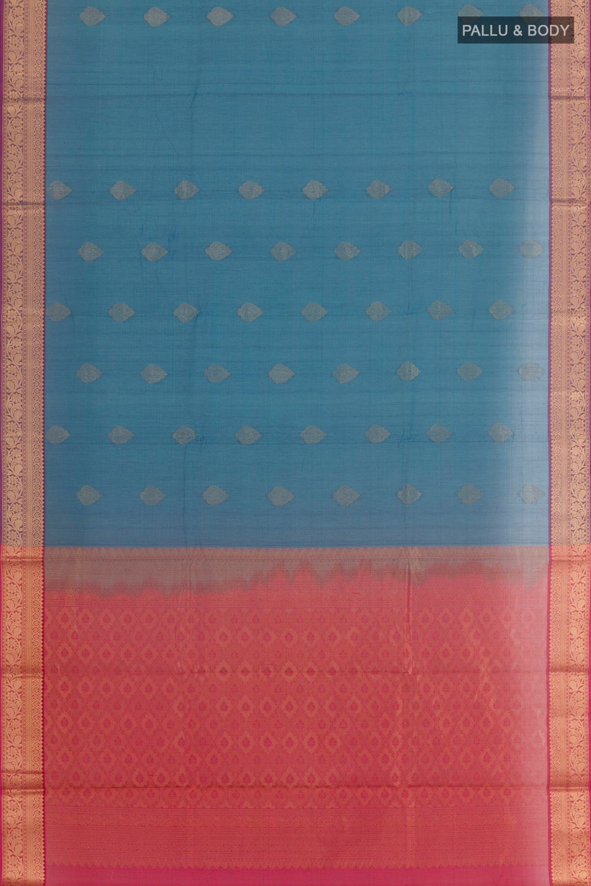 Flat view of Peacock Blue Blended Kora Cotton Saree with Zari Butta on the body and Zari Border. 