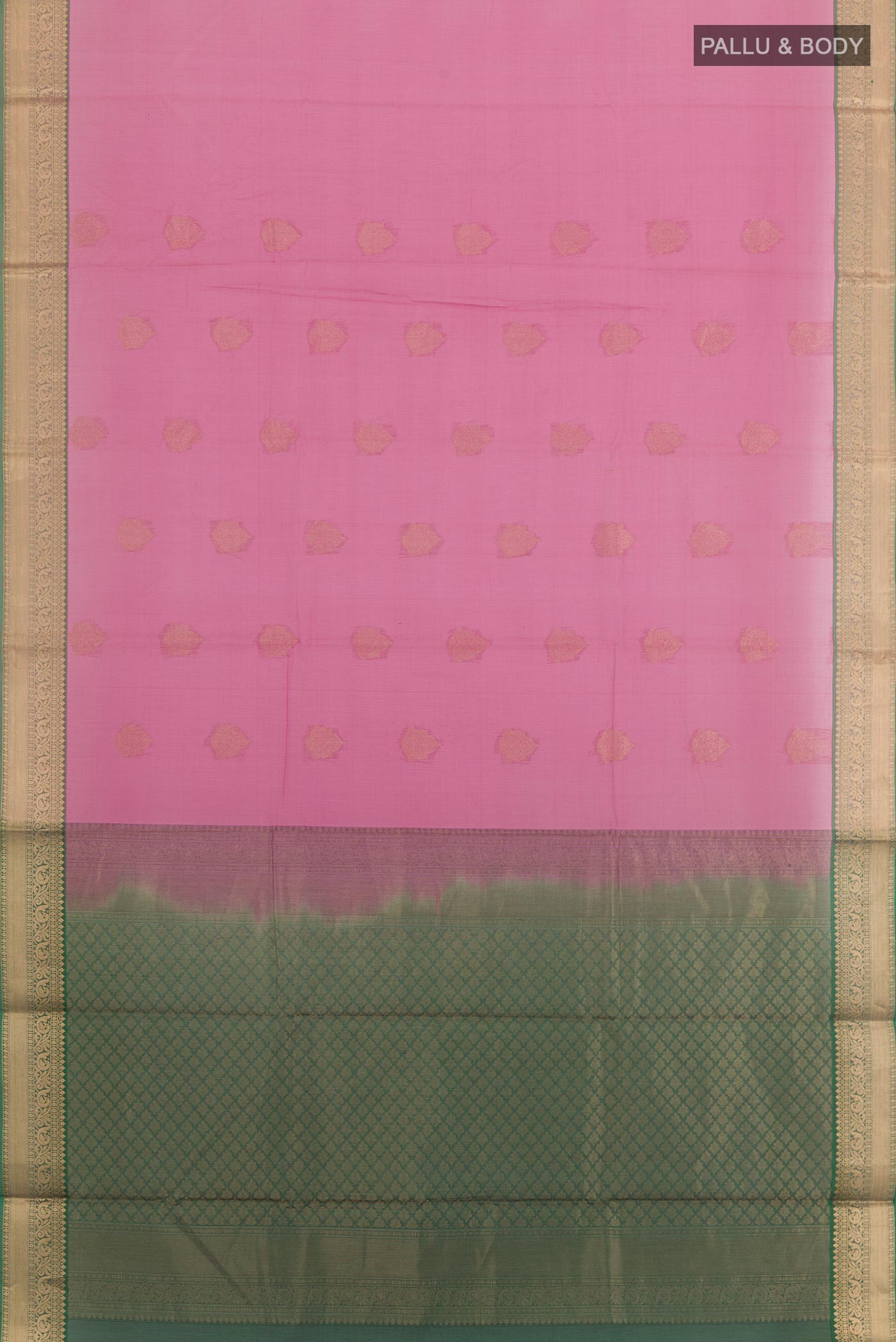 Flat view of Pink Blended Kora Cotton Saree with Zari Butta on the body and Zari Border. 