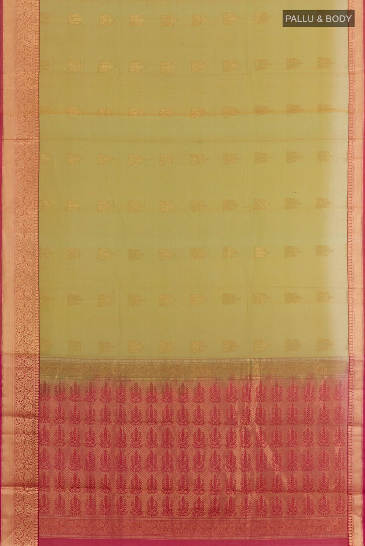 Flat view of Green Blended Kora Cotton Saree with Zari Butta on the body and Zari Border. 