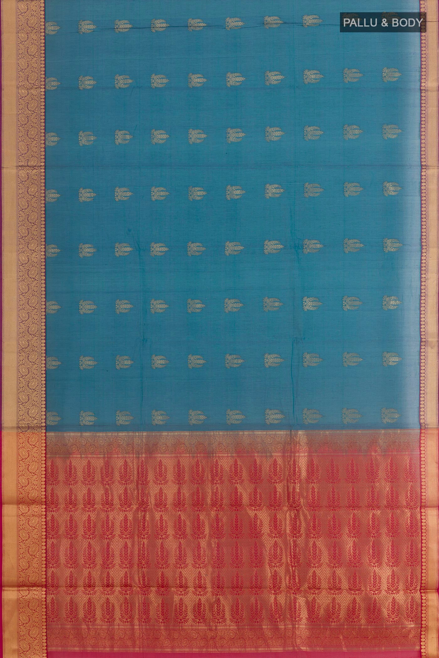Flat view of Peacock Blue Blended Kora Cotton Saree with Zari Butta on the body and Zari Border. 