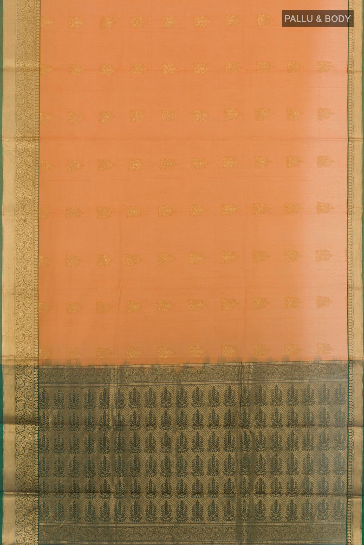 Flat view of Mustard Blended Kora Cotton Saree with Zari Butta on the body and Zari Border. 