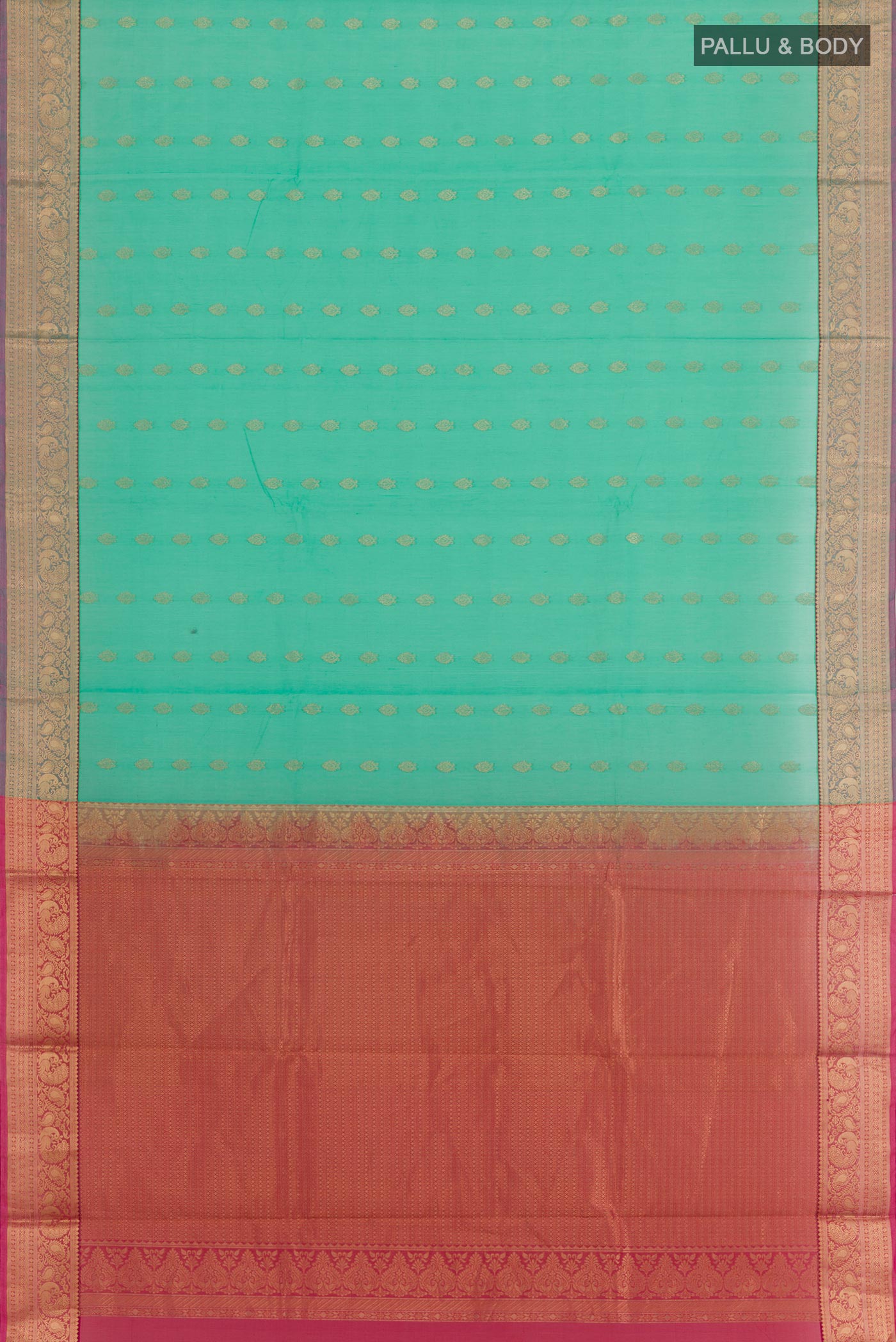 Flat view of Green Blended Kora Cotton Saree with Zari Butta on the body and Zari Border. 