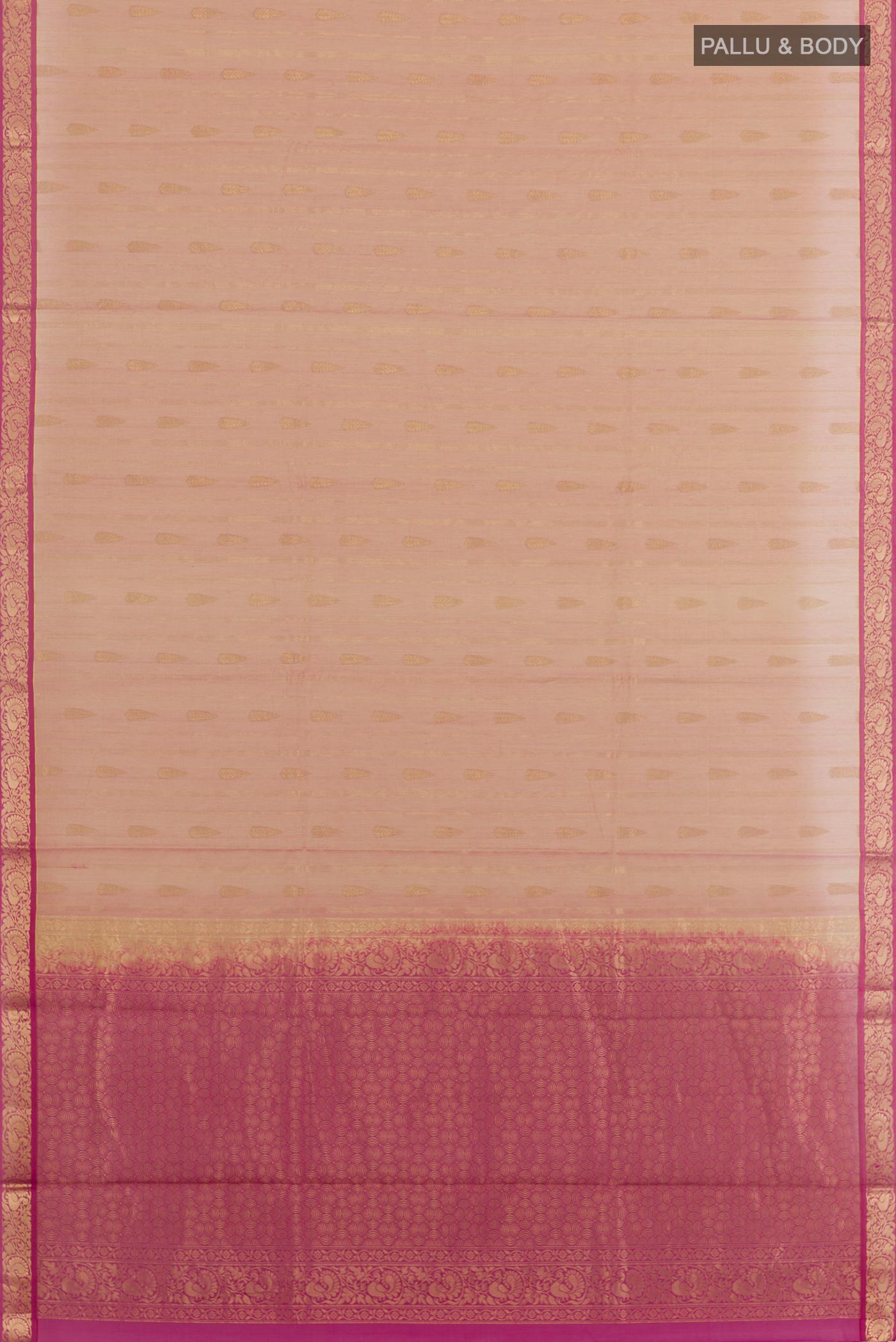 Flat view of Beige Blended Kora Cotton Saree with Zari Butta on the body and Zari Border. 