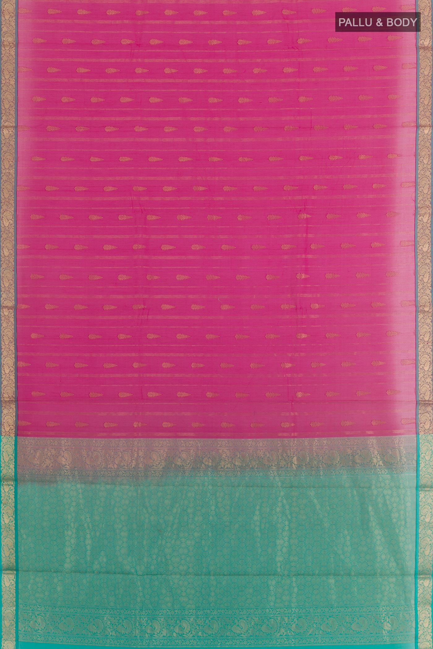 Flat view of Pink Blended Kora Cotton Saree with Zari Butta on the body and Zari Border. 