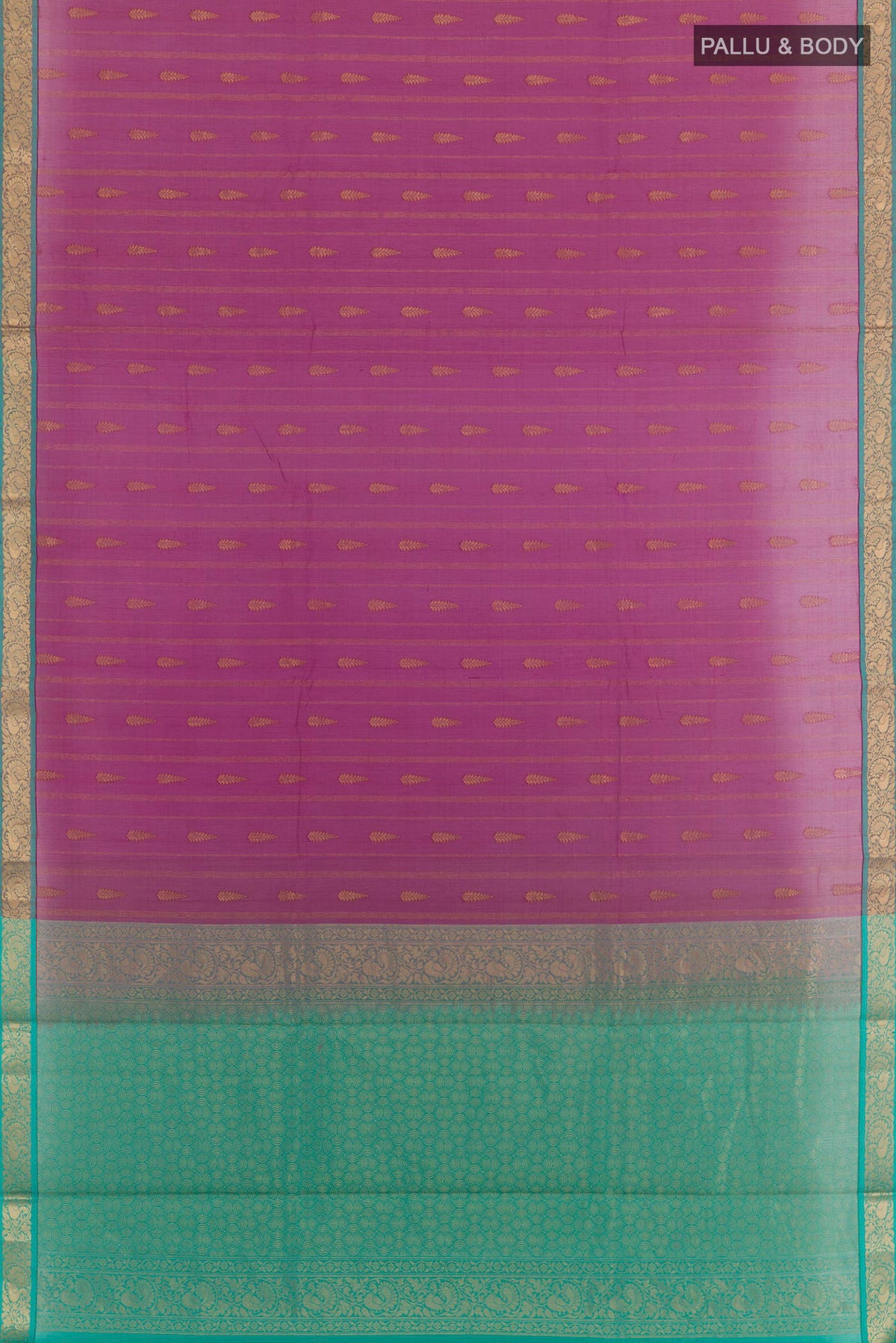 Flat view of Purple Blended Kora Cotton Saree with Zari Butta on the body and Zari Border. 