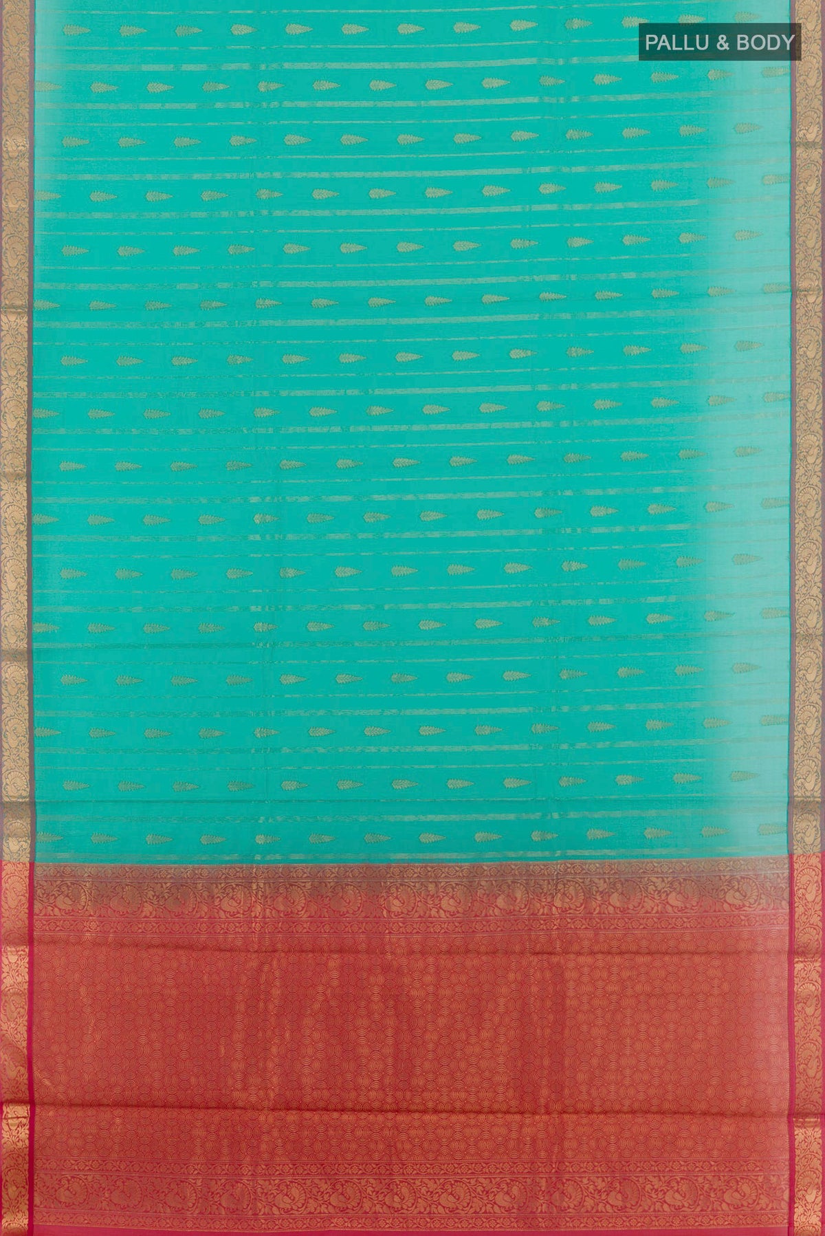 Flat view of Sea Green Blended Kora Cotton Saree with Zari Butta on the body and Zari Border. 