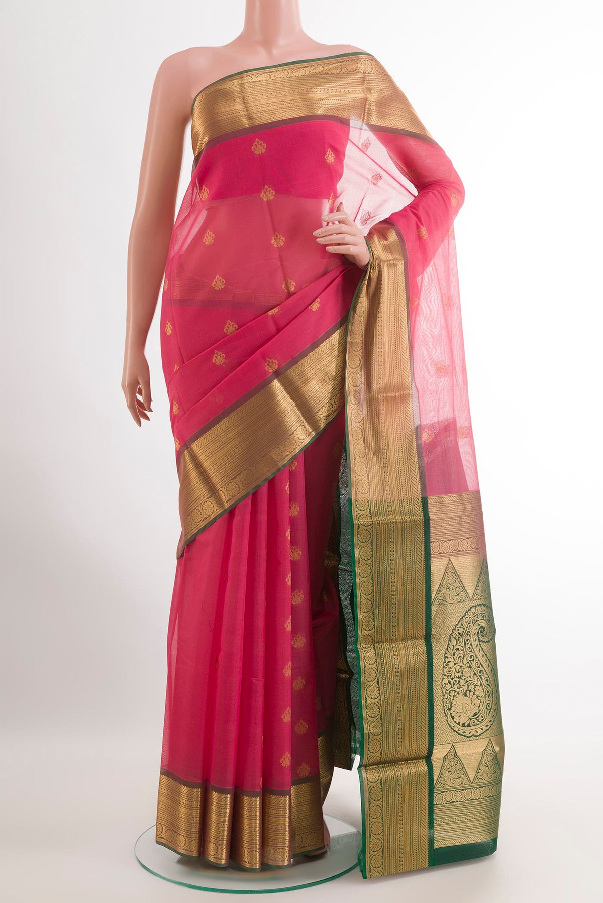 Pink Blended Kora Cotton Saree with Zari Butta on the body and Zari Border.  displayed on a mannequin