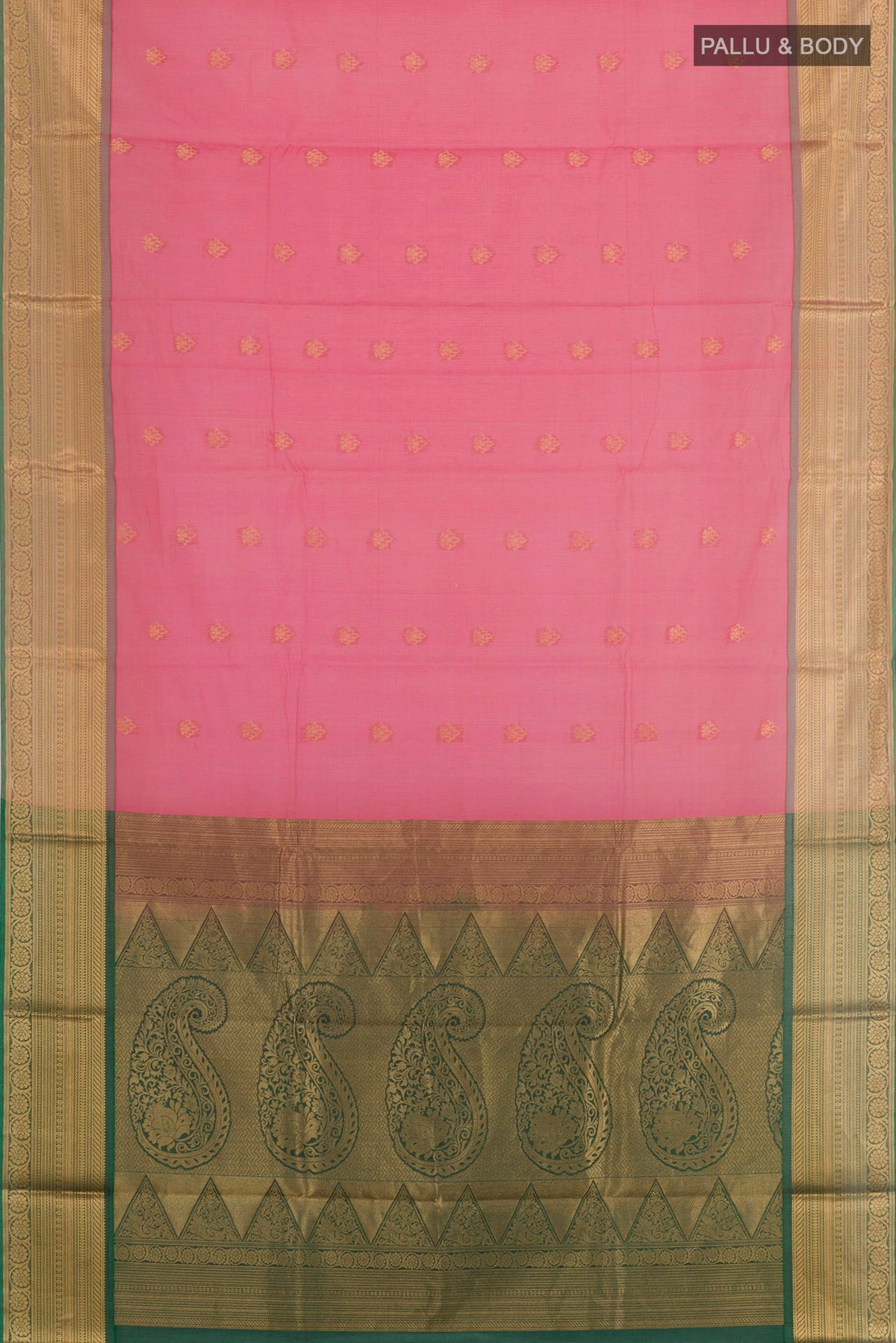 Flat view of Pink Blended Kora Cotton Saree with Zari Butta on the body and Zari Border. 