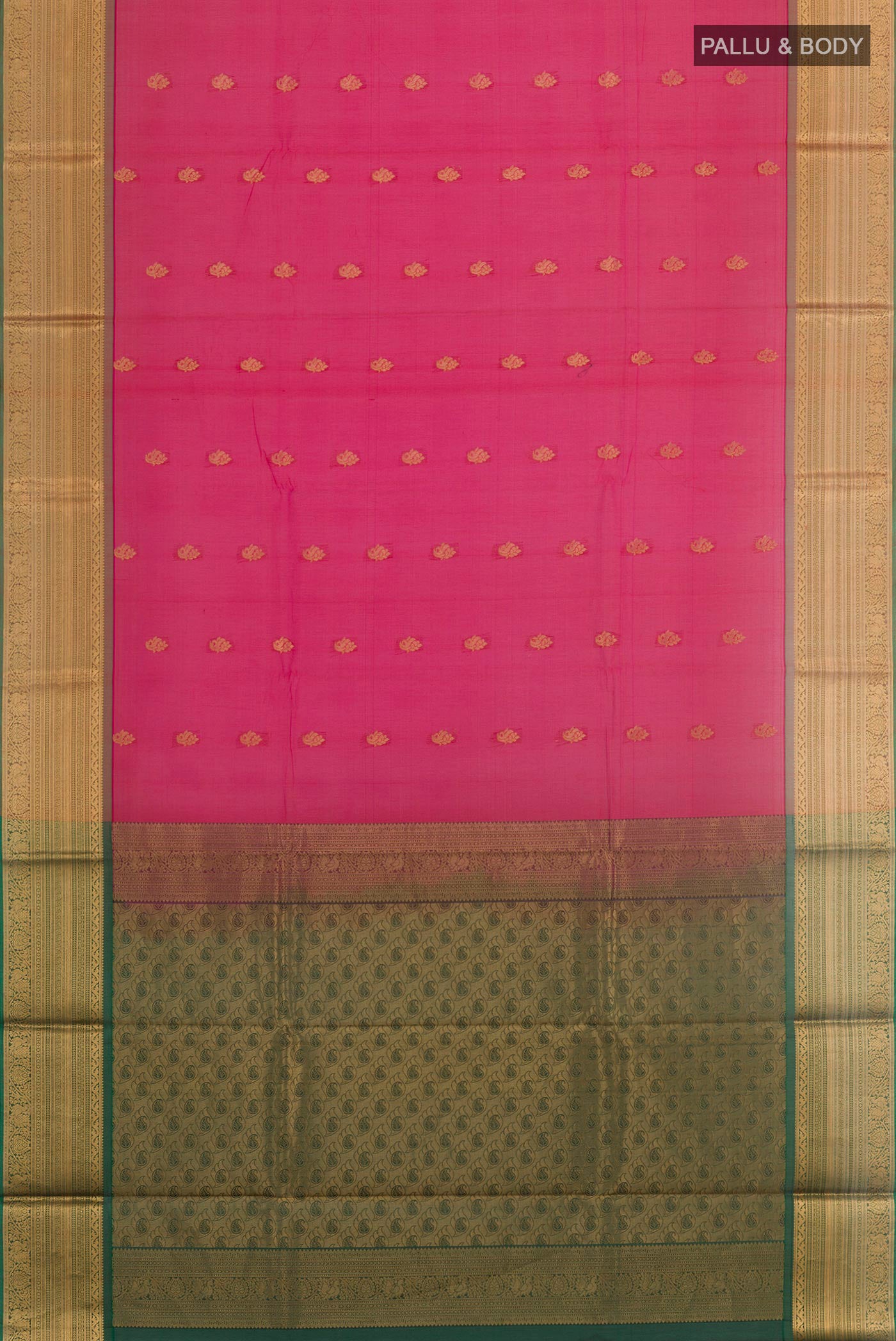 Flat view of Pink Blended Kora Cotton Saree with Zari Butta on the body and Zari Border. 