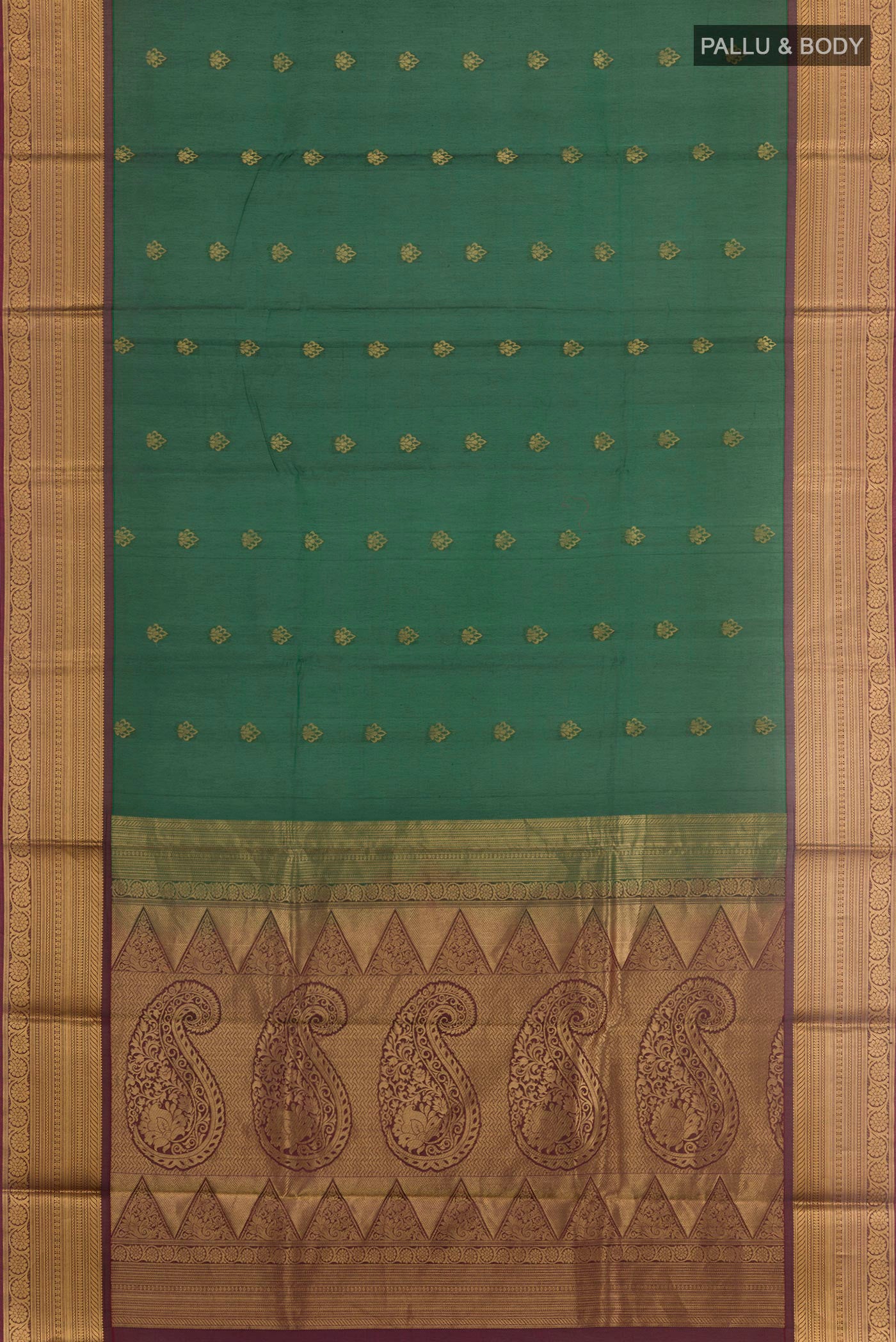 Flat view of Bottle Green Blended Kora Cotton Saree with Zari Butta on the body and Zari Border. 