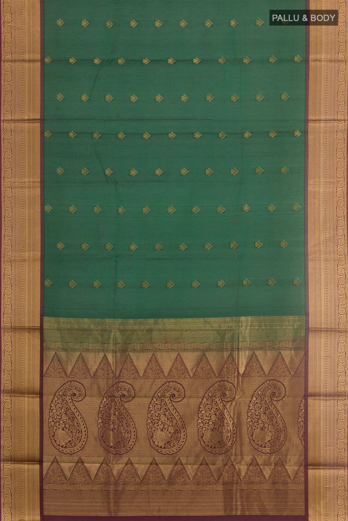 Flat view of Bottle Green Blended Kora Cotton Saree with Zari Butta on the body and Zari Border. 