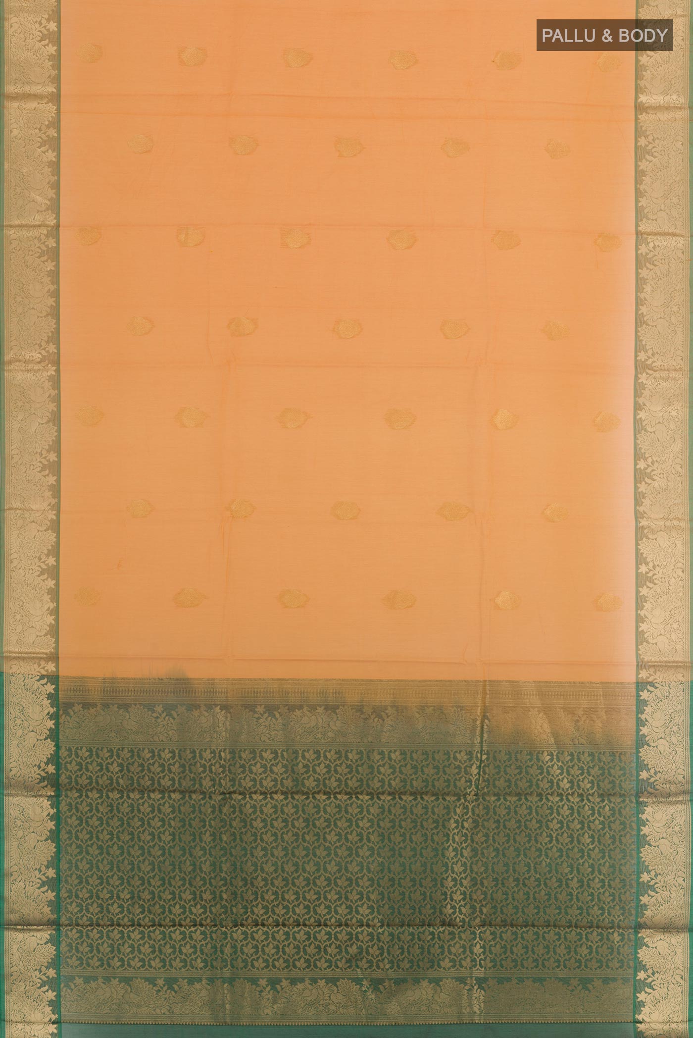 Flat view of Orange Blended Kora Cotton Saree with Zari Butta on the body and Zari Border. 