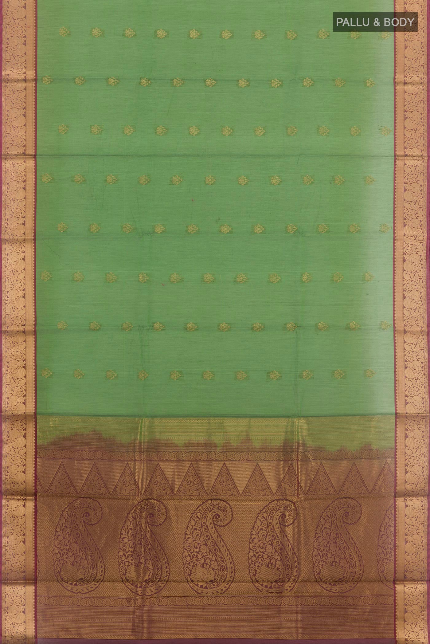 Flat view of Green Blended Kora Cotton Saree with Zari Butta on the body and Zari Border. 