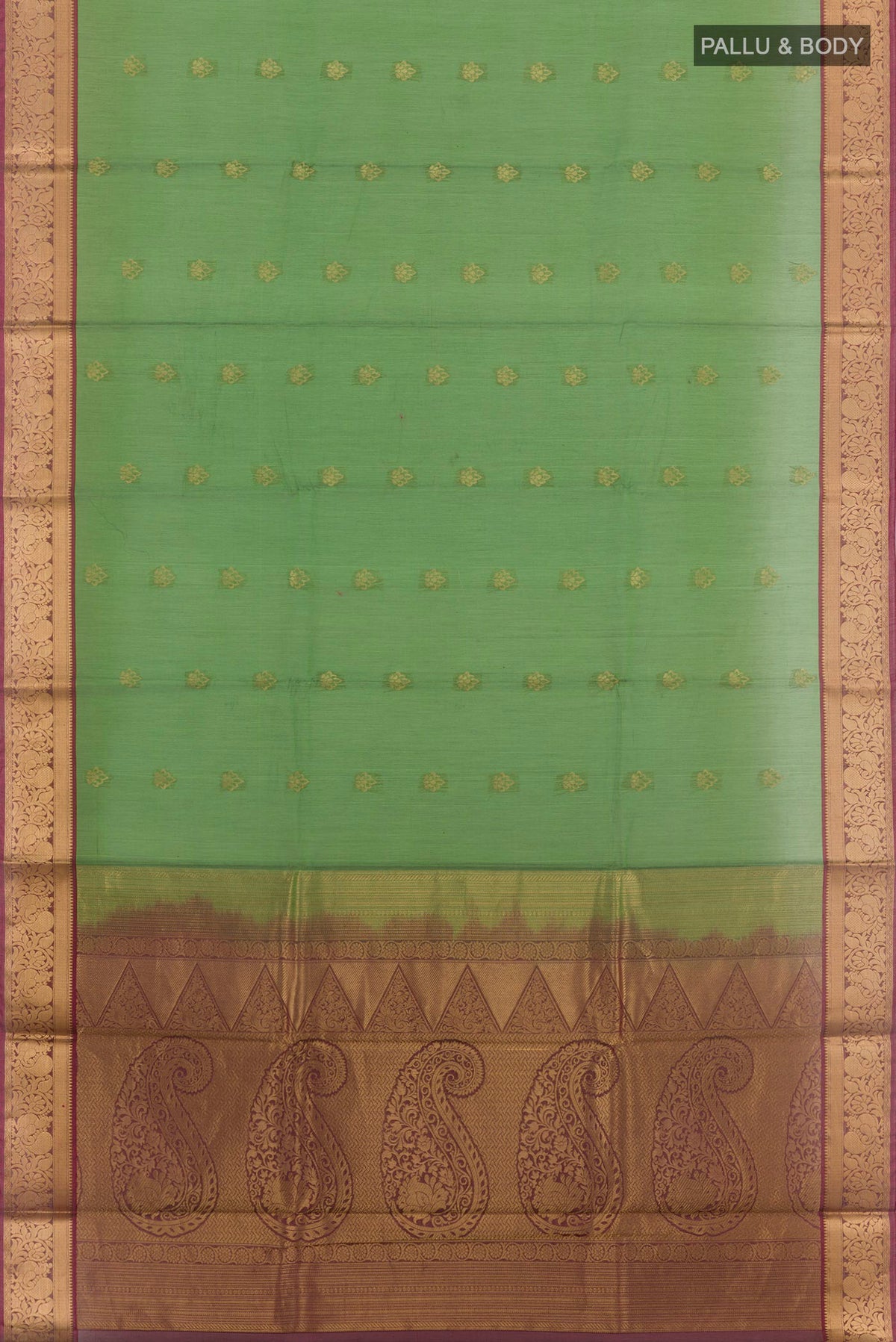 Flat view of Green Blended Kora Cotton Saree with Zari Butta on the body and Zari Border. 