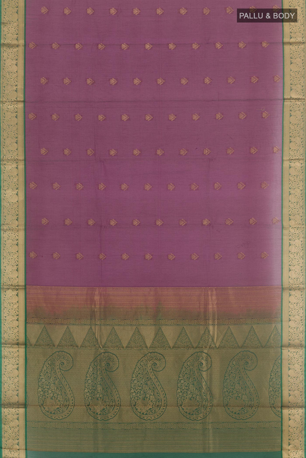 Flat view of Purple Blended Kora Cotton Saree with Zari Butta on the body and Zari Border. 