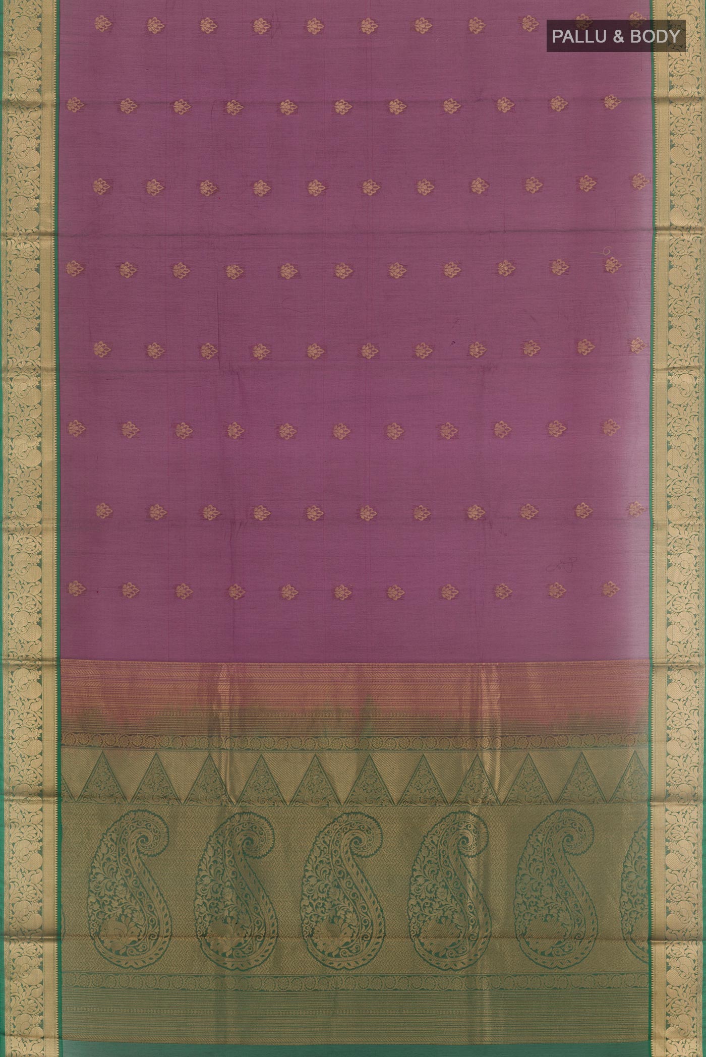 Flat view of Purple Blended Kora Cotton Saree with Zari Butta on the body and Zari Border. 