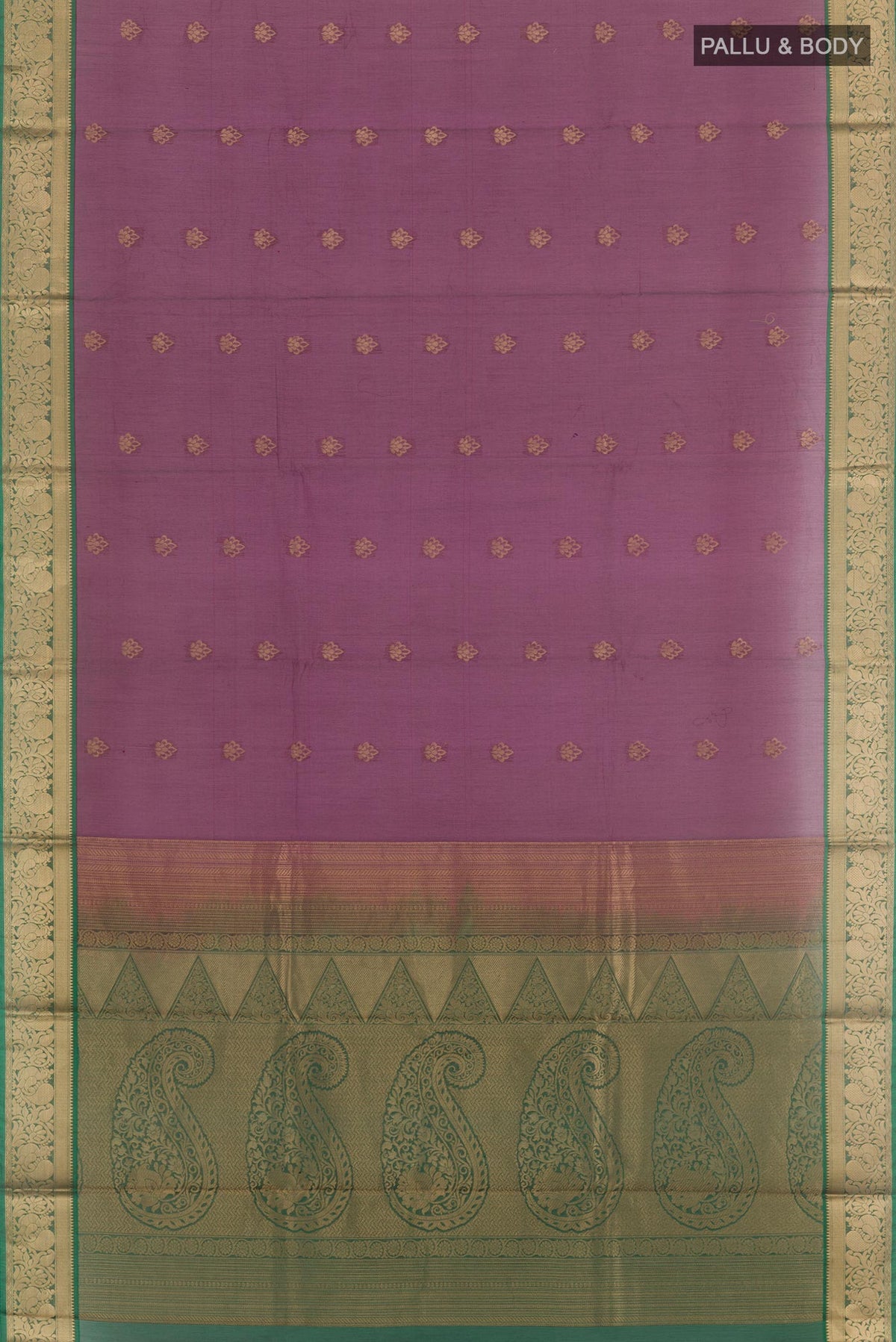 Flat view of Purple Blended Kora Cotton Saree with Zari Butta on the body and Zari Border. 