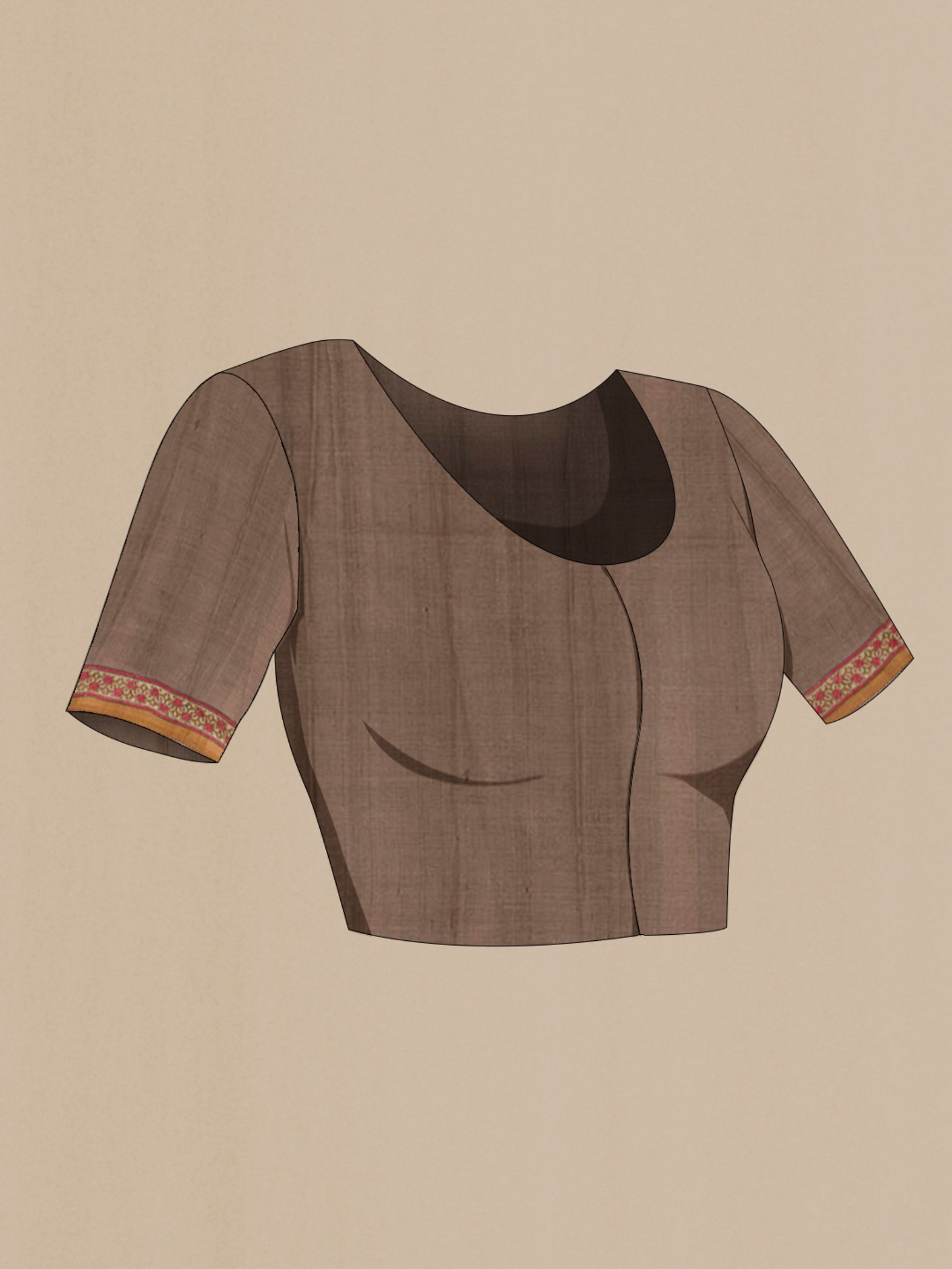 Close up image of the blouse of Grey Tussar Saree with Printed design on the body and Printed Border. 