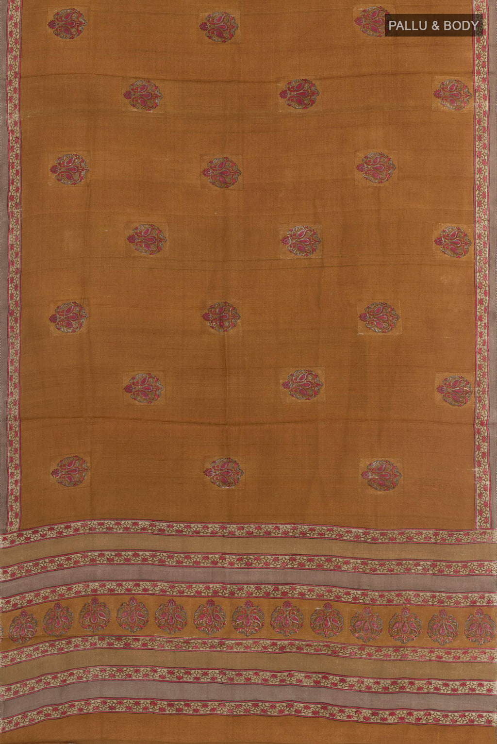 Flat view of Grey Tussar Saree with Printed design on the body and Printed Border. 