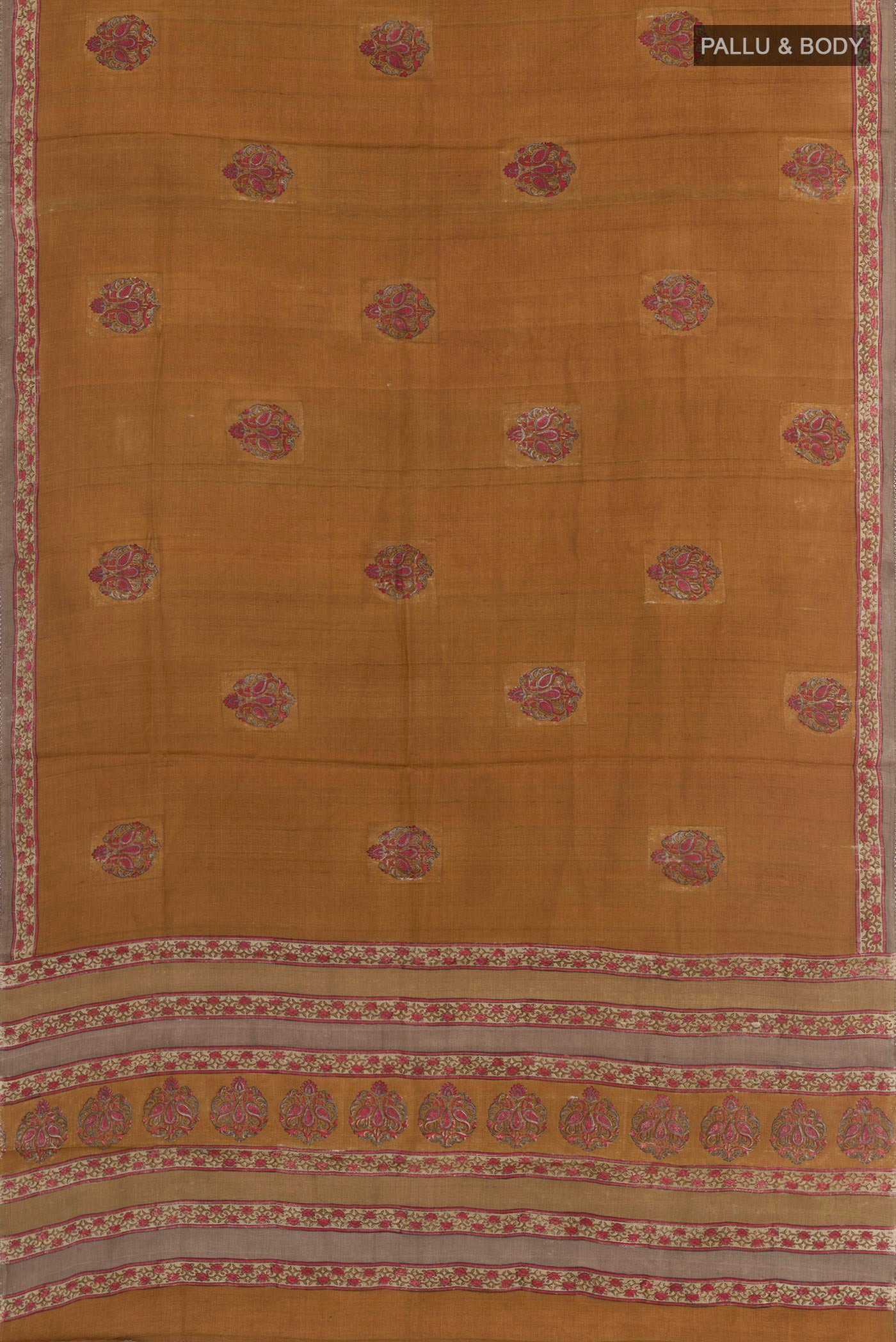 Flat view of Grey Tussar Saree with Printed design on the body and Printed Border. 