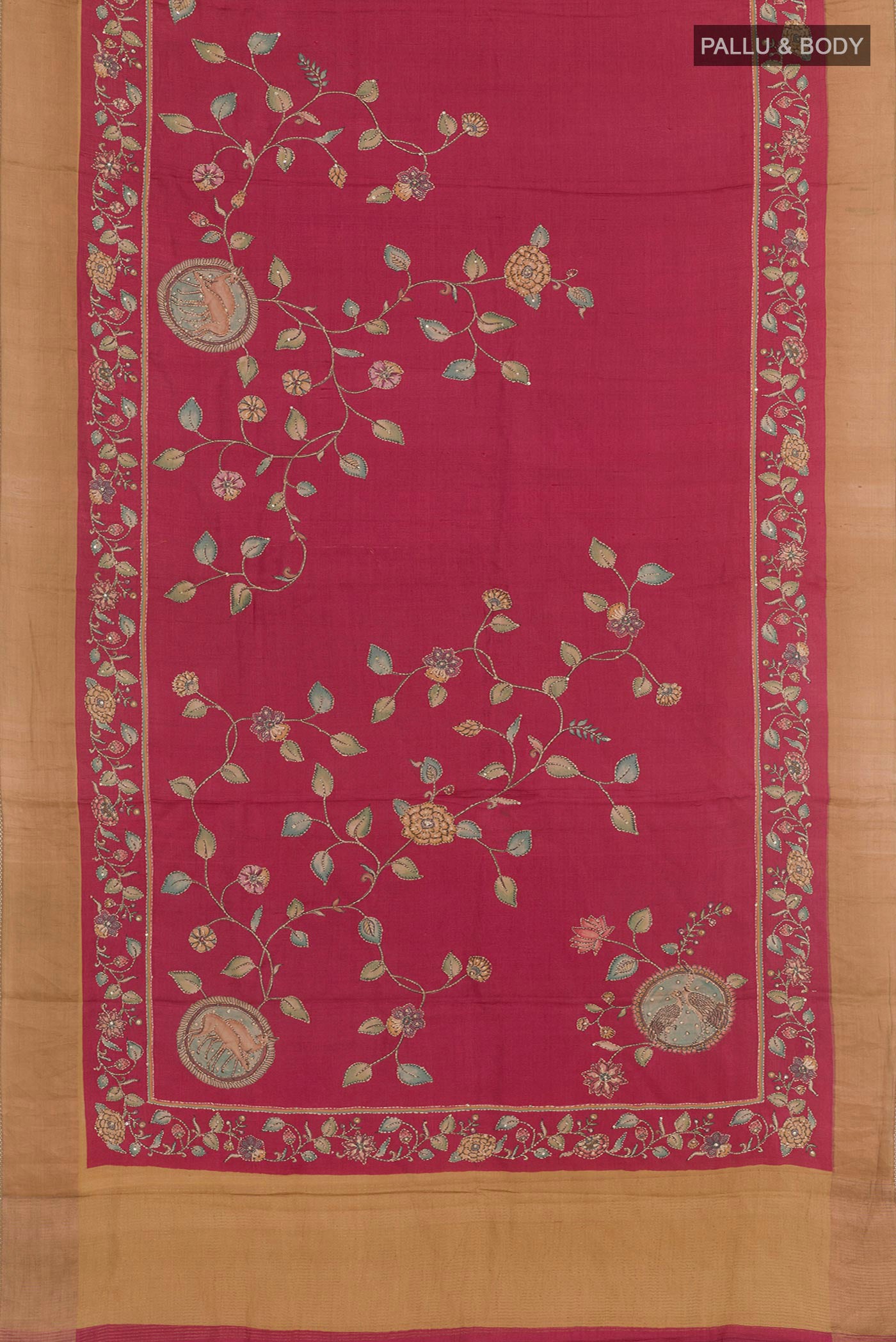 Flat view of Red Tussar Saree with Embroidery on the body and Zari Border. 