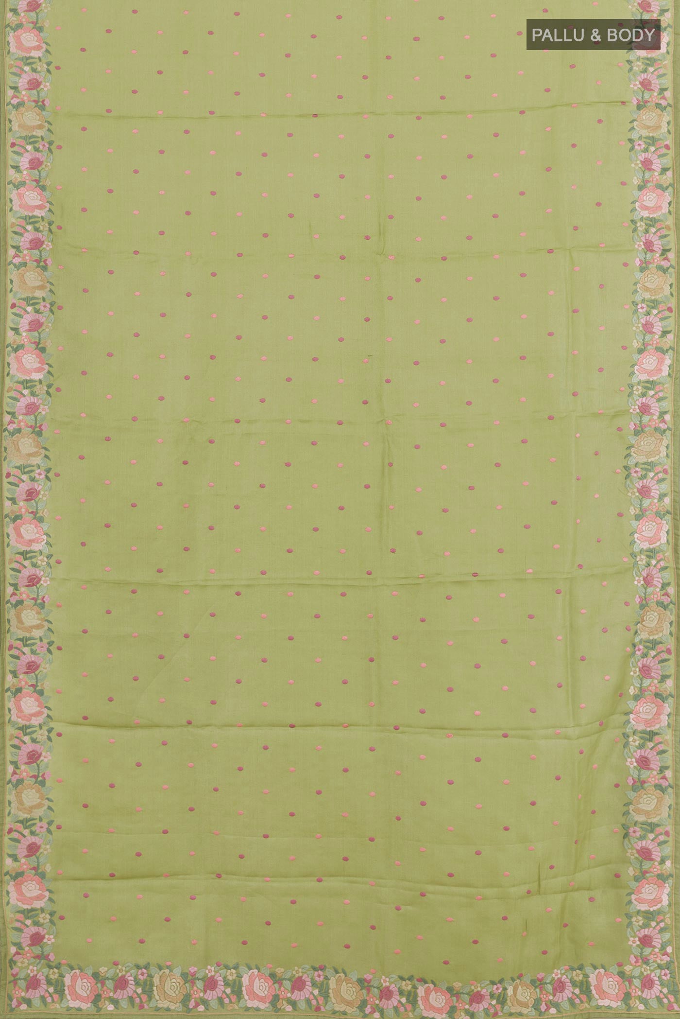 Flat view of Green Tussar Saree with Embroidery on the body and Embroidery Border. 