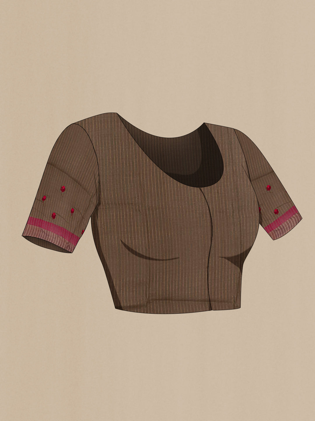 Close up image of the blouse of Multi Color Tussar Saree with Embroidery on the body and Zari Border. 