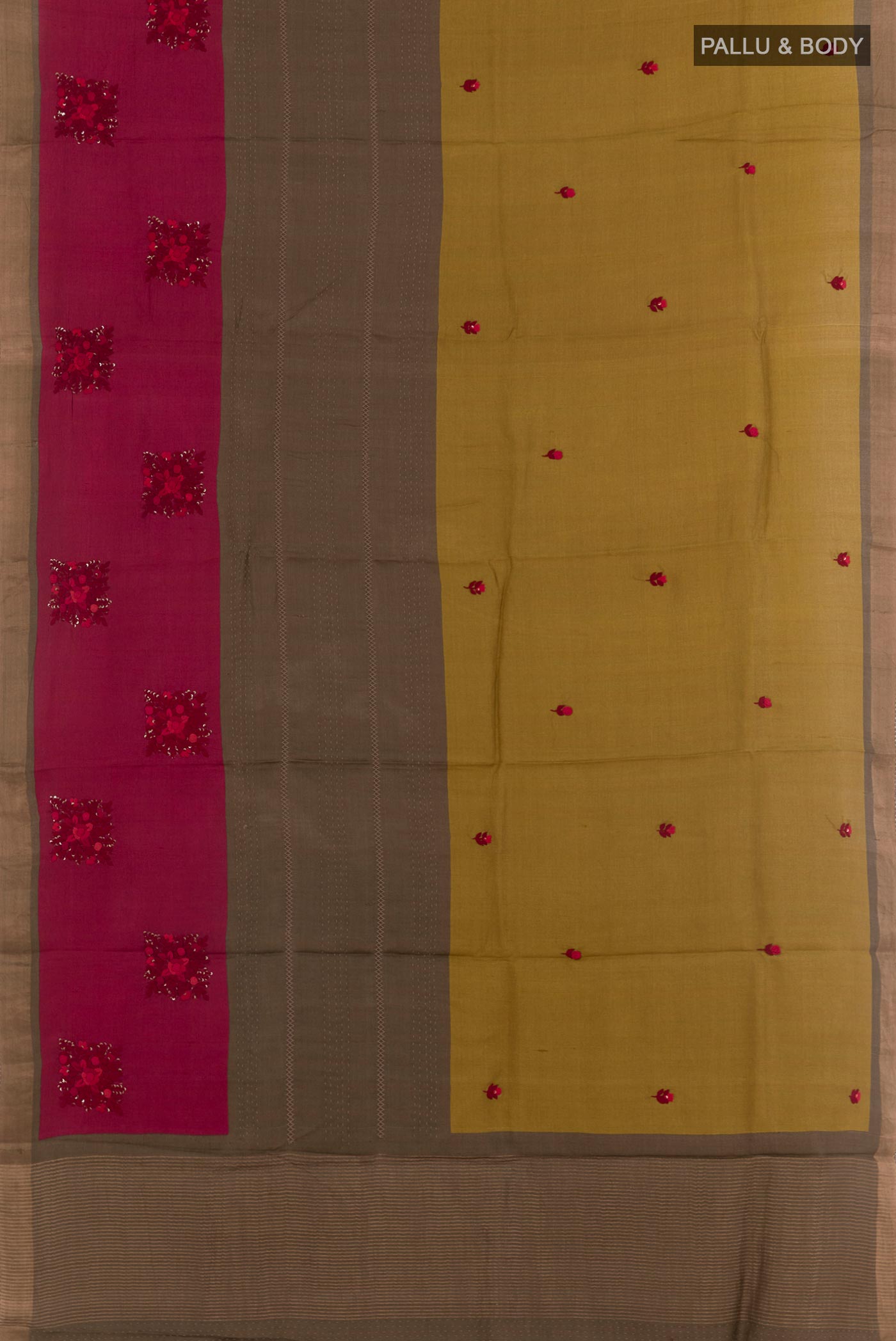 Flat view of Multi Color Tussar Saree with Embroidery on the body and Zari Border. 