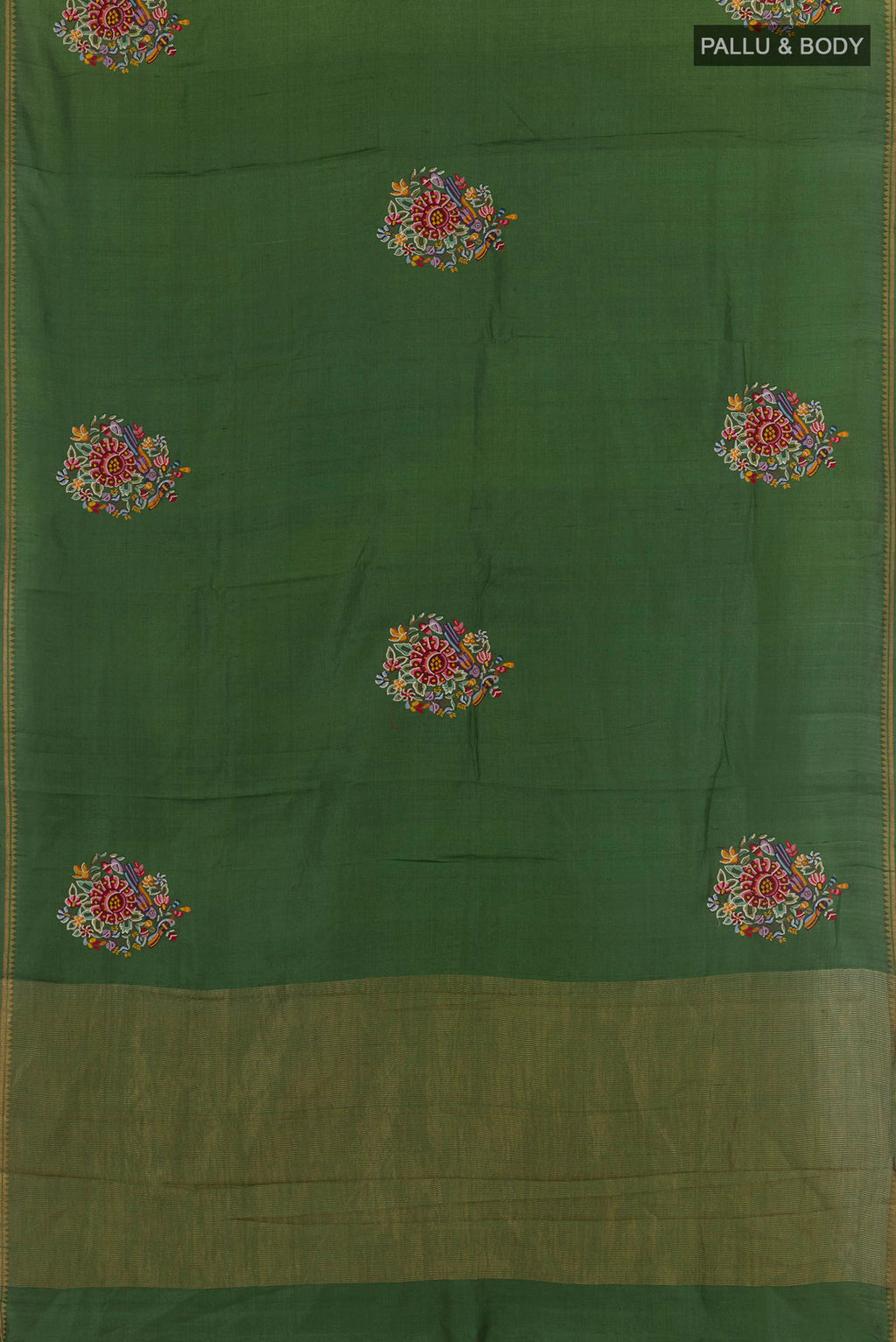Flat view of Green Tussar Saree with Embroidery on the body and Zari Border. 