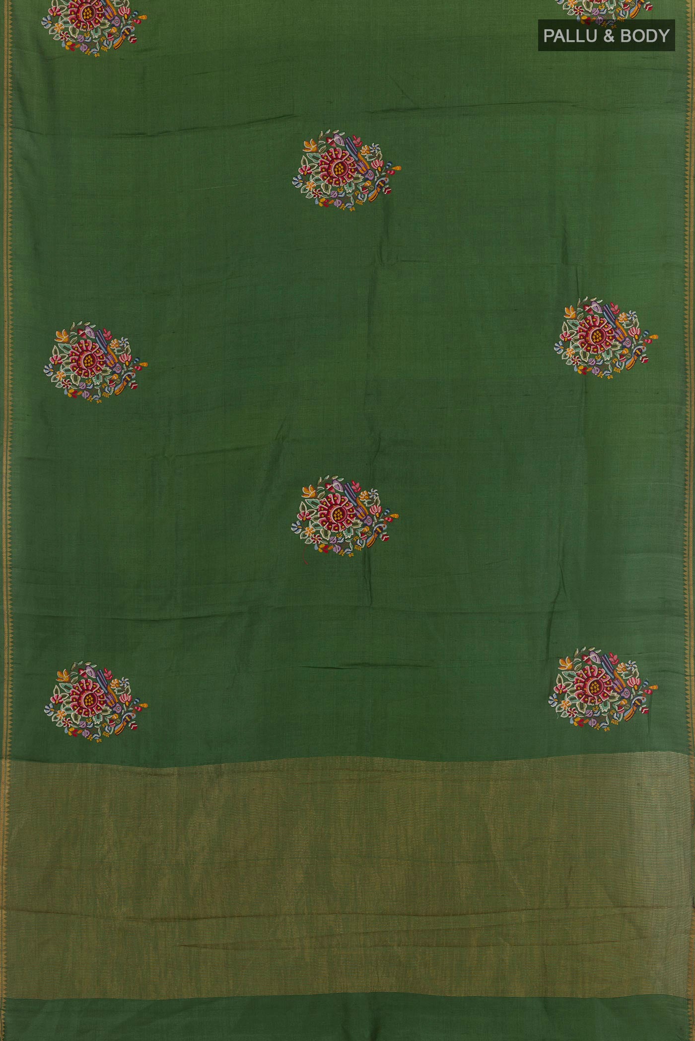 Flat view of Green Tussar Saree with Embroidery on the body and Zari Border. 