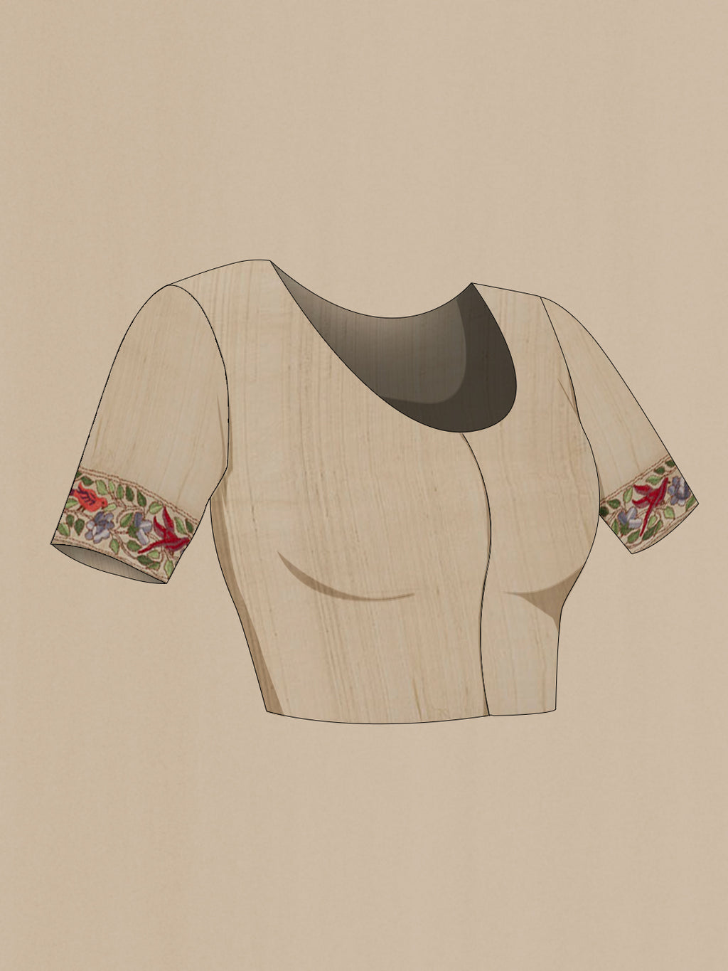 Close up image of the blouse of Cream Tussar Saree with Embroidery on the body and Embroidery Border. 