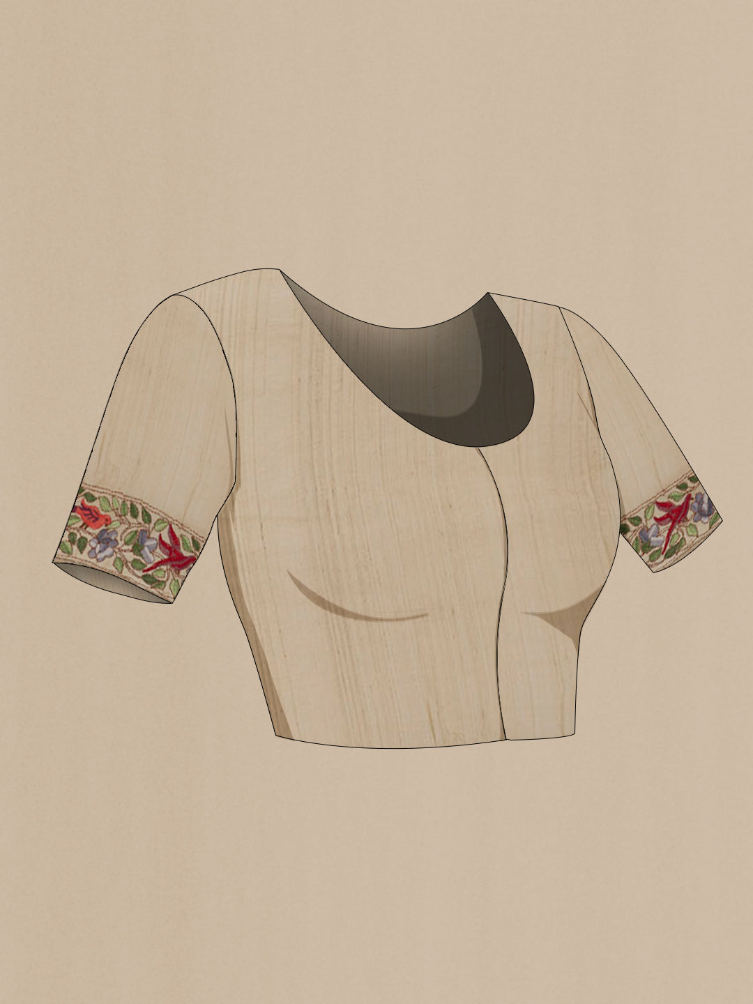 Close up image of the blouse of Cream Tussar Saree with Embroidery on the body and Embroidery Border. 
