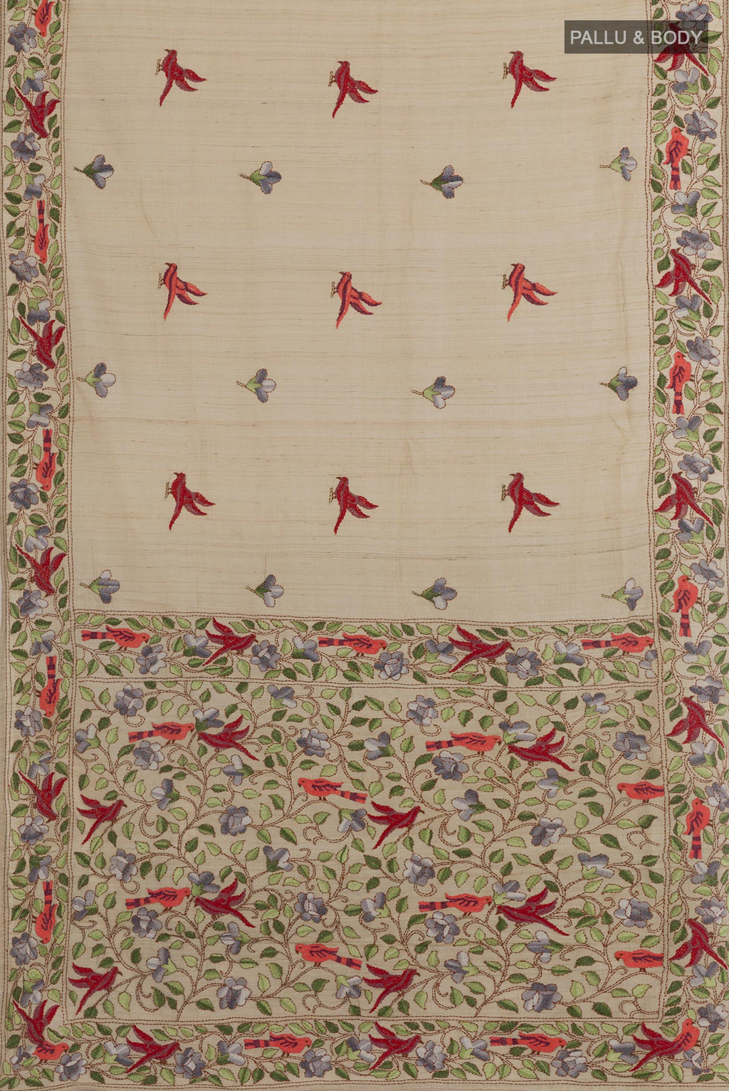Flat view of Cream Tussar Saree with Embroidery on the body and Embroidery Border. 