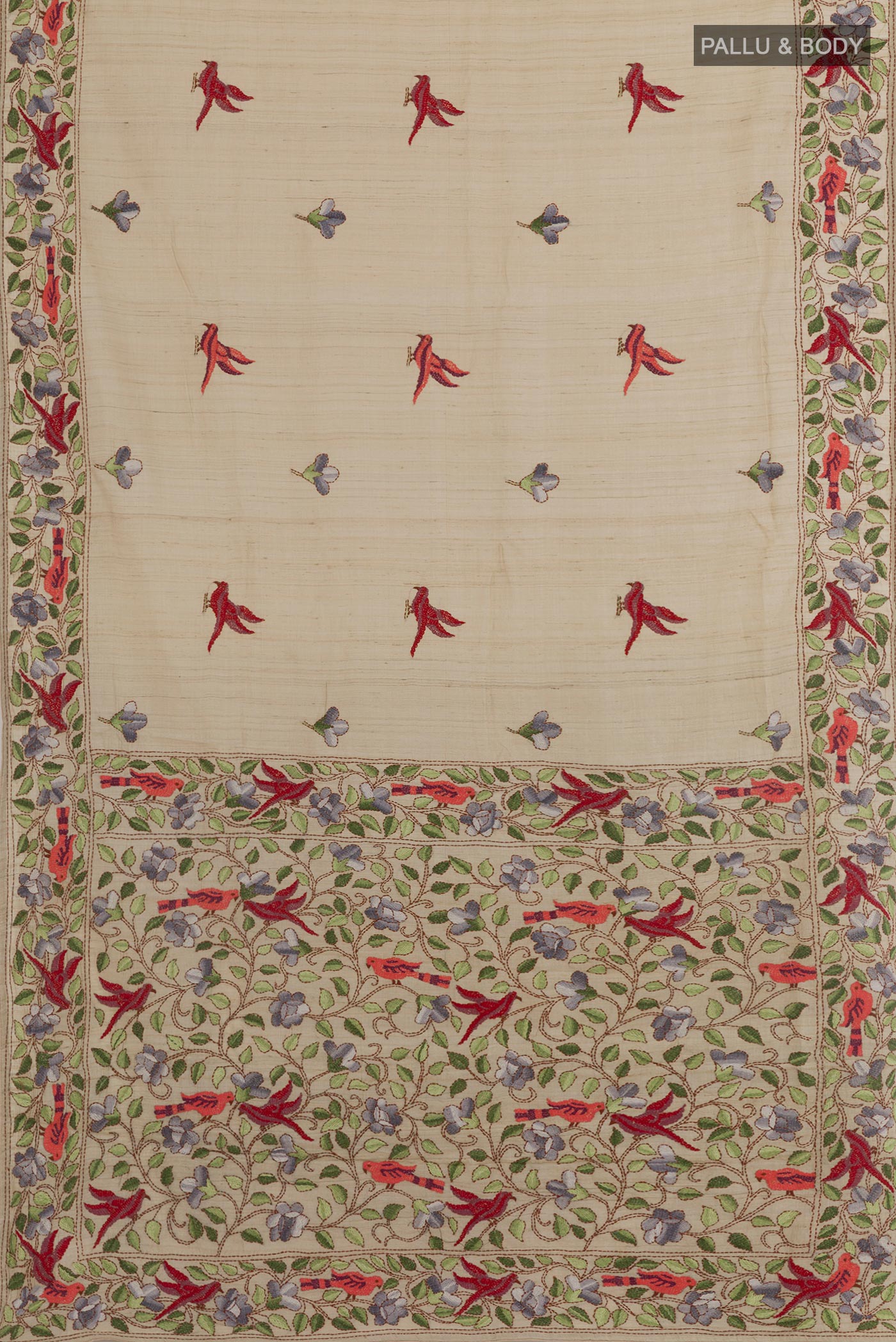 Flat view of Cream Tussar Saree with Embroidery on the body and Embroidery Border. 