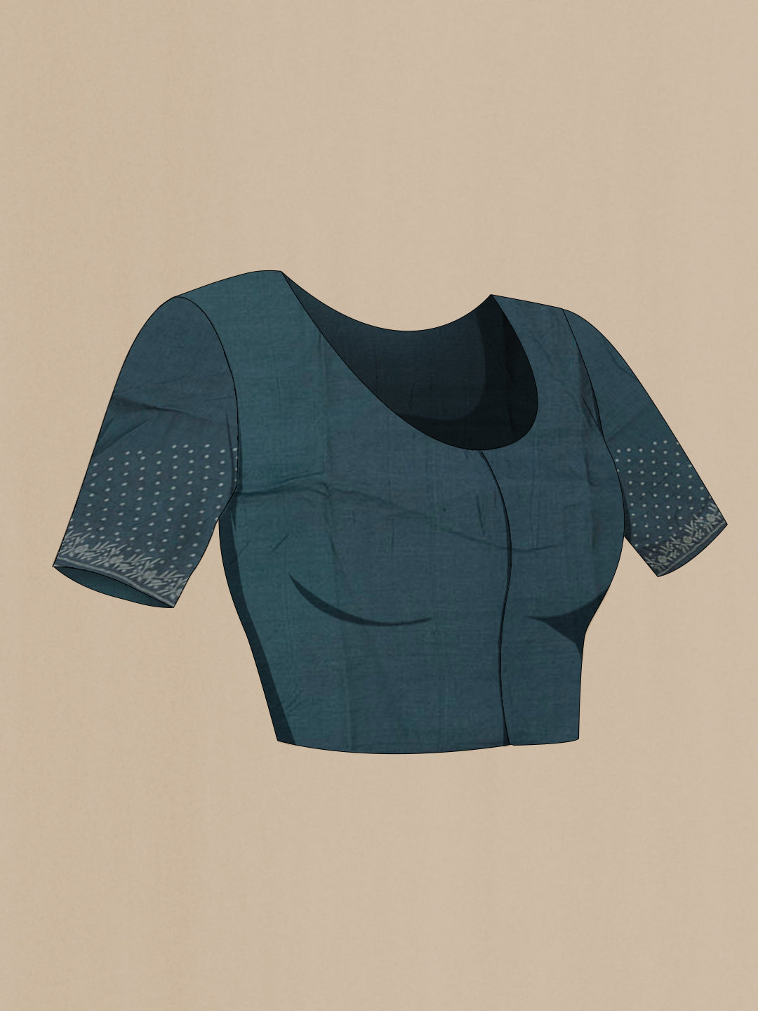 Close up image of the blouse of Blue Grey Tussar Saree with Embroidery on the body and Embroidery Border. 