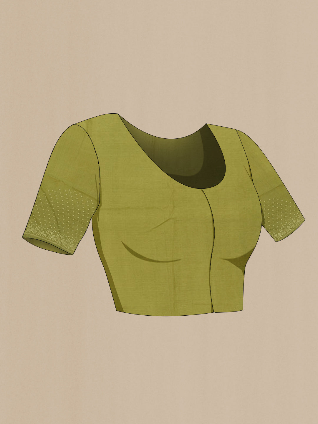 Close up image of the blouse of Green Tussar Saree with Embroidery on the body and Embroidery Border. 