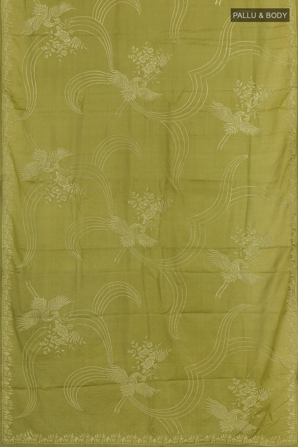 Flat view of Green Tussar Saree with Embroidery on the body and Embroidery Border. 
